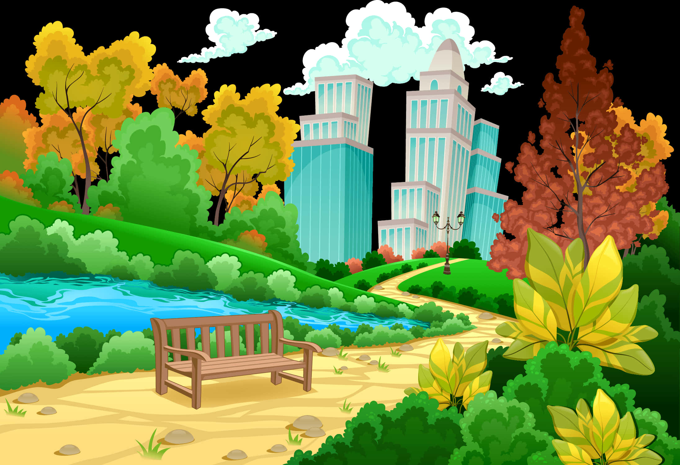 Cartoon Park 桌布 壁紙 — 一張木製長椅位於河邊，在一個充滿活力的秋季公園中，背景是色彩繽紛的樹木和現代化的摩天大樓。