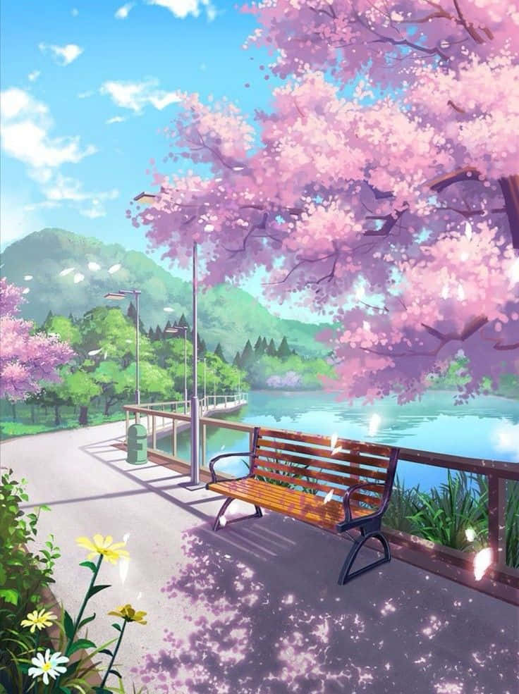 Beautiful Anime 桌布 壁紙 — 一張木製長椅位於盛開的粉紅色櫻花樹下，旁邊是寧靜的湖泊，背景是翠綠的山丘和明亮的藍天。
