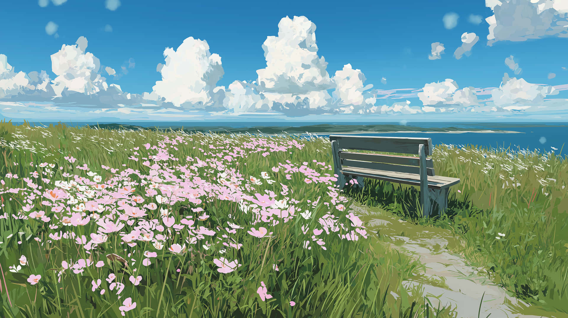 Serene Coastal Vista with Bench, Blossoms, and Ocean View 壁紙 — 一張木製長椅位於草坡上，俯瞰藍色大海，天空明亮，有蓬鬆的白雲。