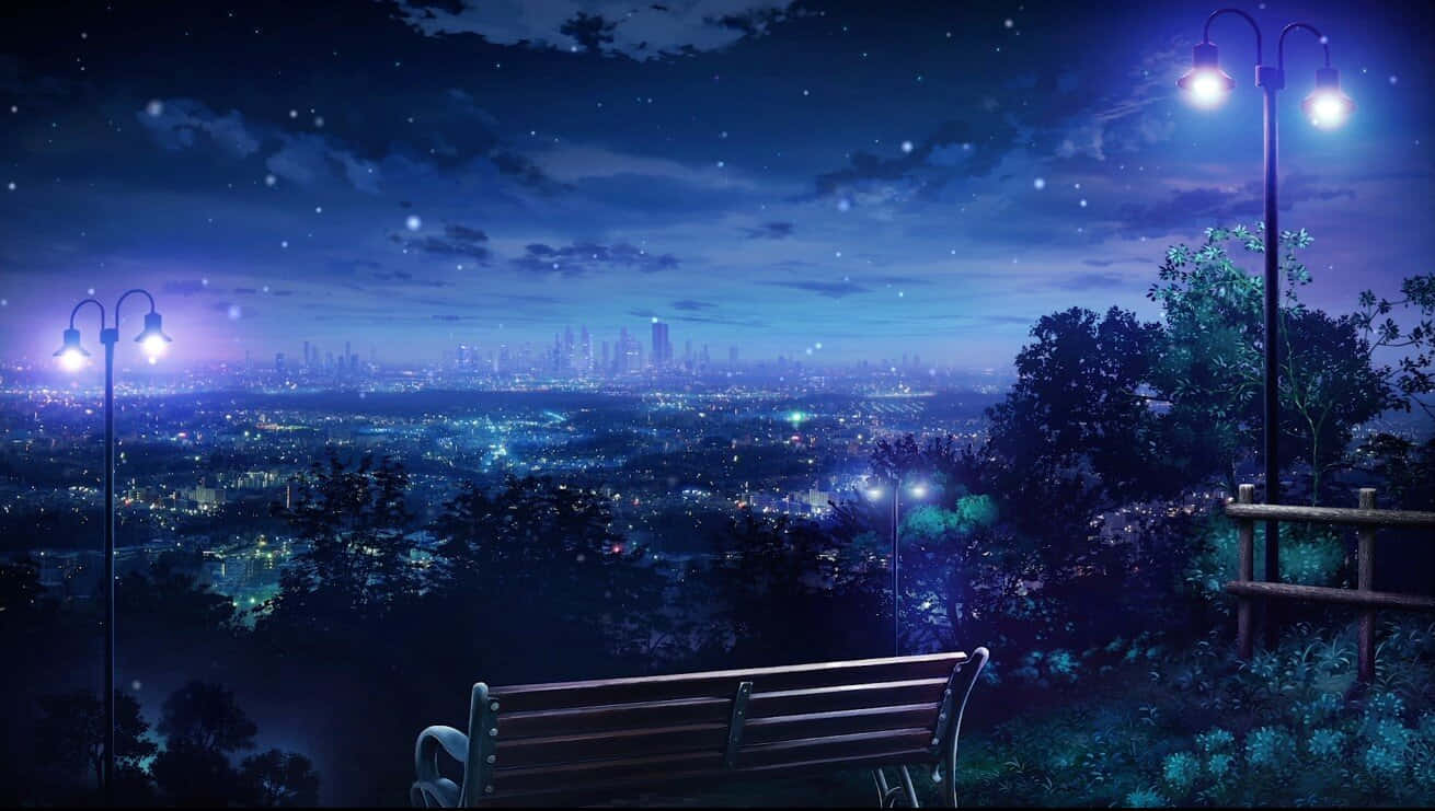 Anime Scenery 4K 桌布 壁紙 — 一張木製長椅俯瞰著在紫色和藍色色調的星空夜空下閃閃發光的城市景觀。
