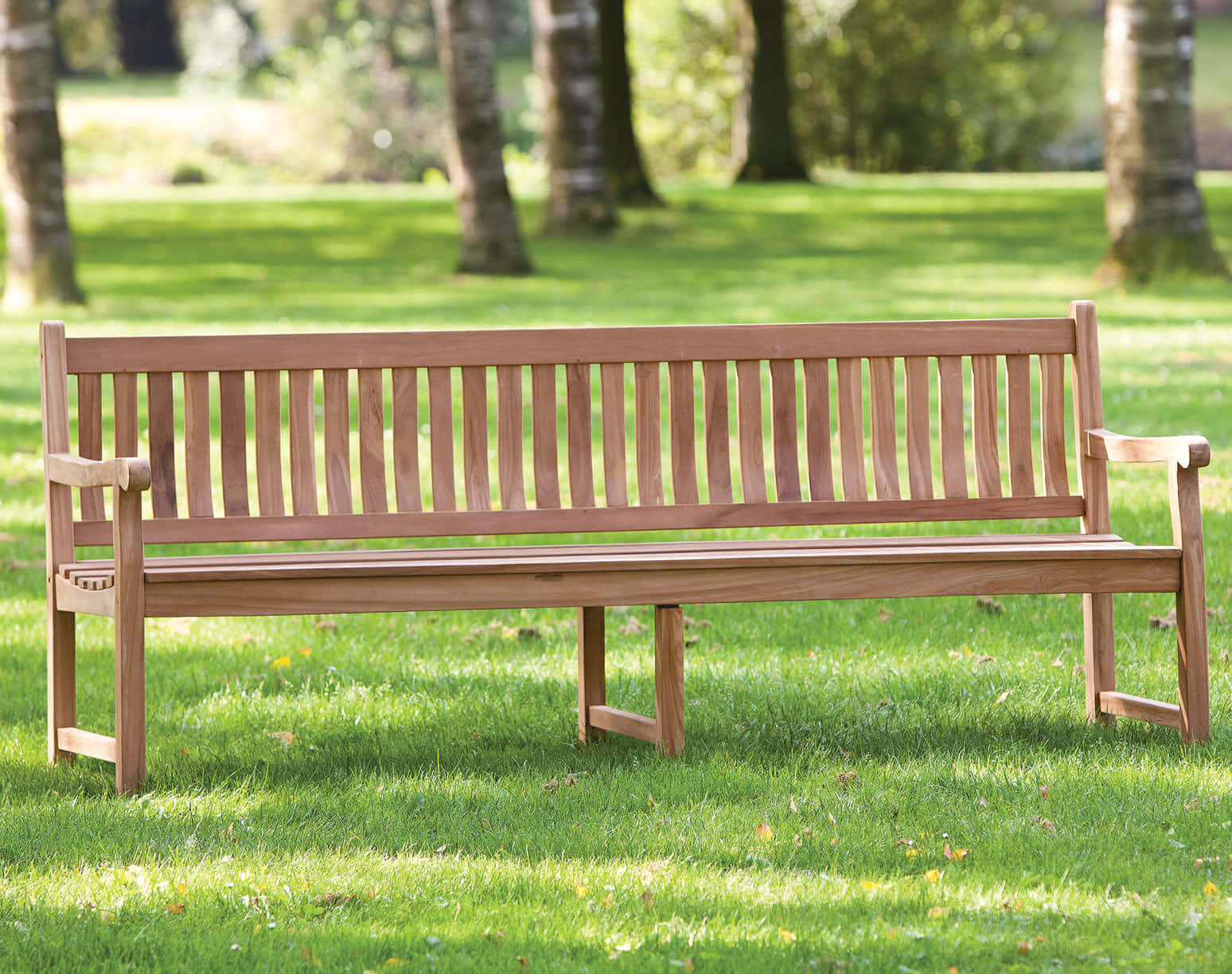Bench 桌布 壁紙 — 一張木製長椅在寧靜的公園環境中，在斑駁的陽光下，誘人地坐在充滿活力的綠色草地上。