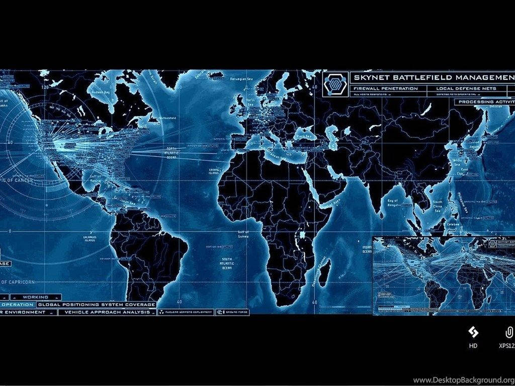 World 桌布 壁紙 — 一張未來感藍色調的世界地圖，以發光的數位疊加層和介面面板顯示全球監控數據。