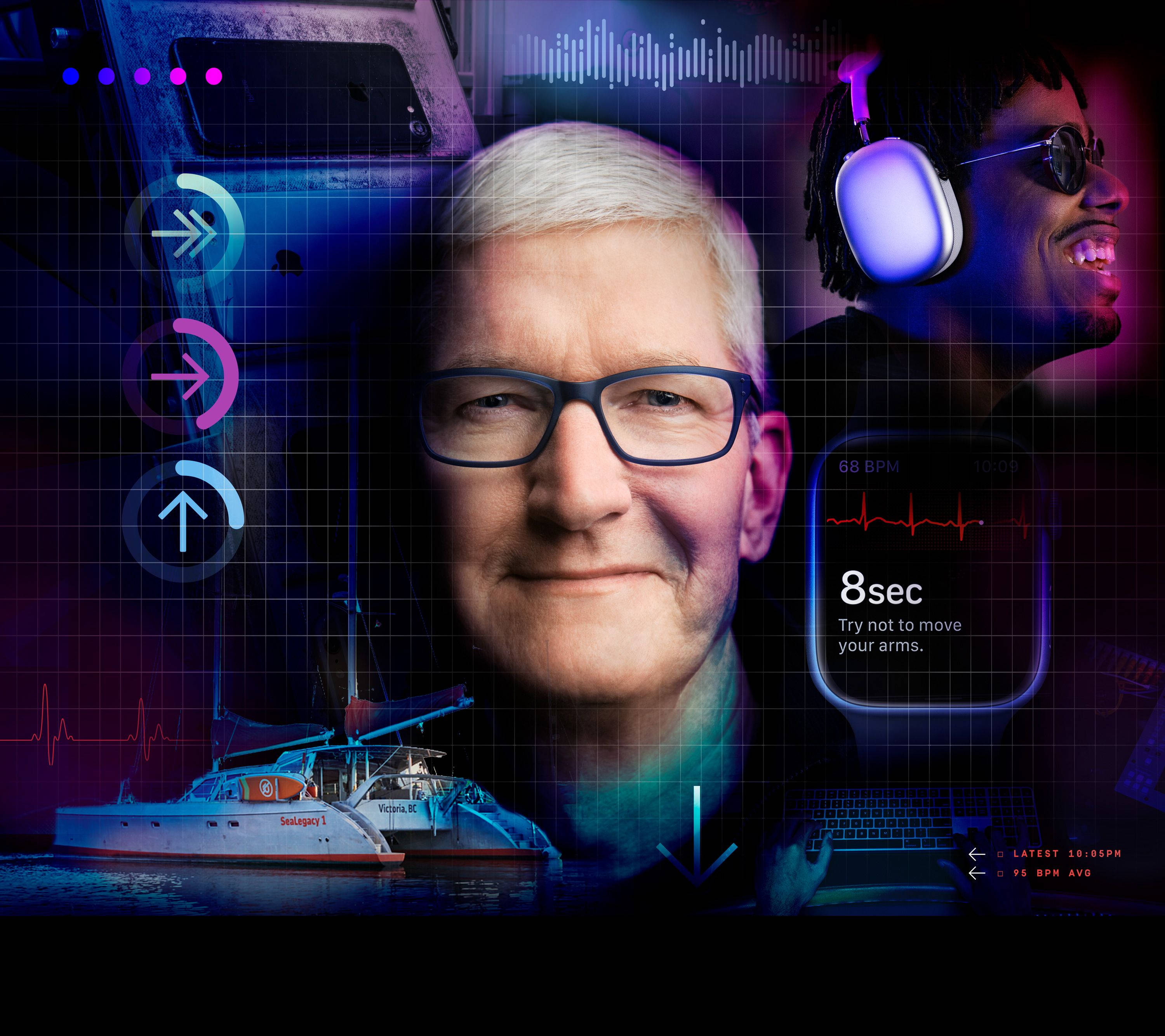 Leadership 桌布 壁紙 — 一張未來風格的數位拼貼畫，Tim Cook 被發光的科技圖示和健身追蹤器介面包圍。