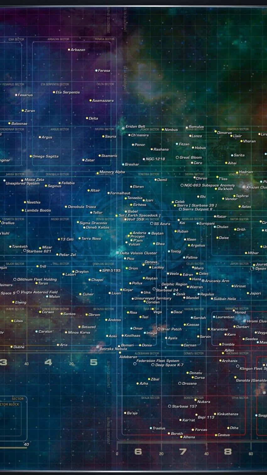 帶有發光坐標和扇區名稱的未來風格數字星圖。 — 星際爭霸戰 GIF 壁紙