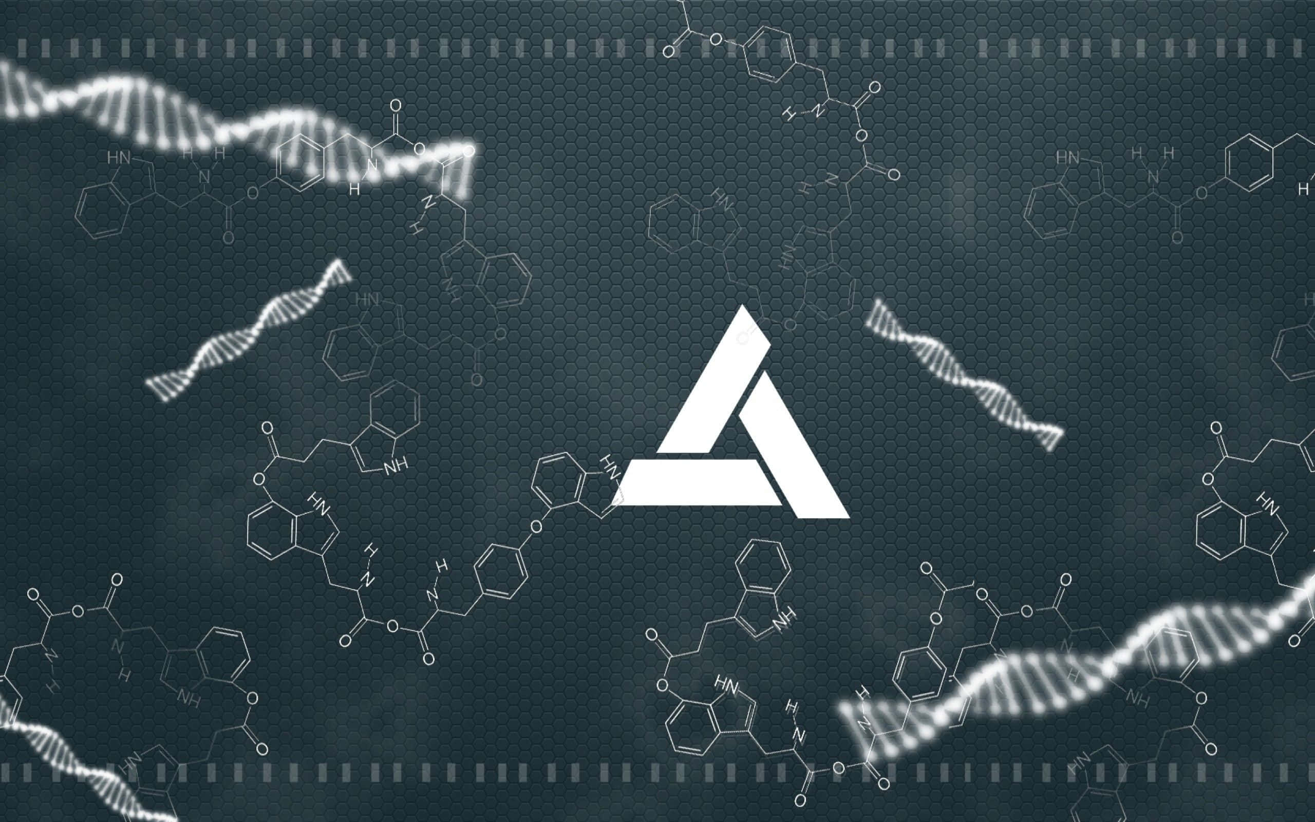 Abstergo 桌布 壁紙 — 一張未來風格的深青綠色桌布，中央白色三角形標誌周圍環繞著發光的白色DNA鏈和化學公式。