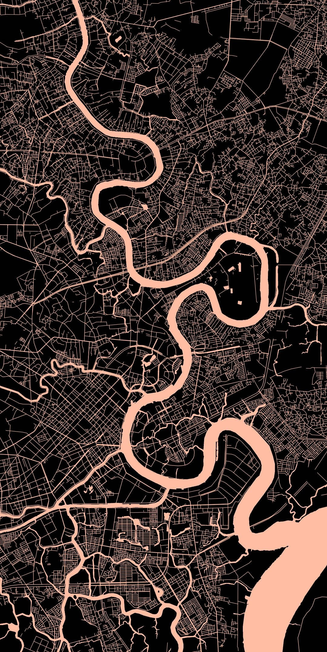 Ho Chi Minh City 桌布 壁紙 — 一張極簡城市地圖，以黑色背景襯托桃色河流與街道。