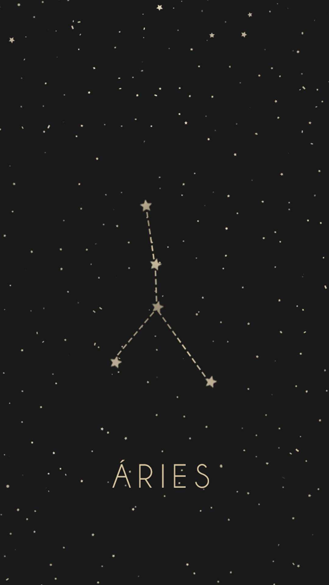 牡羊座美學 桌布 壁紙 — 一張極簡天體圖，在繁星點點的黑色夜空中以金色突出白羊座，下方優雅地刻有星座名稱。