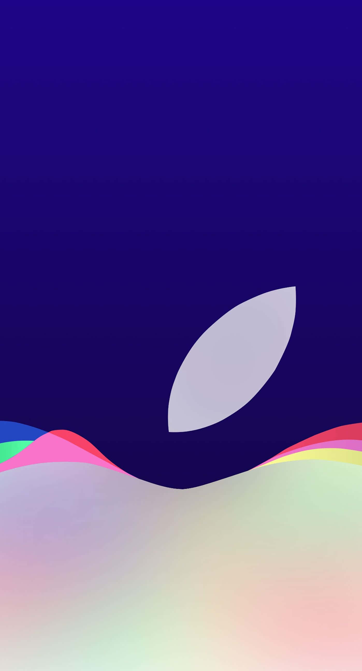 iPhone X Apple Logo 桌布 壁紙 — 一張極簡數位藝術桌布，白色葉片漂浮在深藍色背景上的彩色漸層波浪之上。