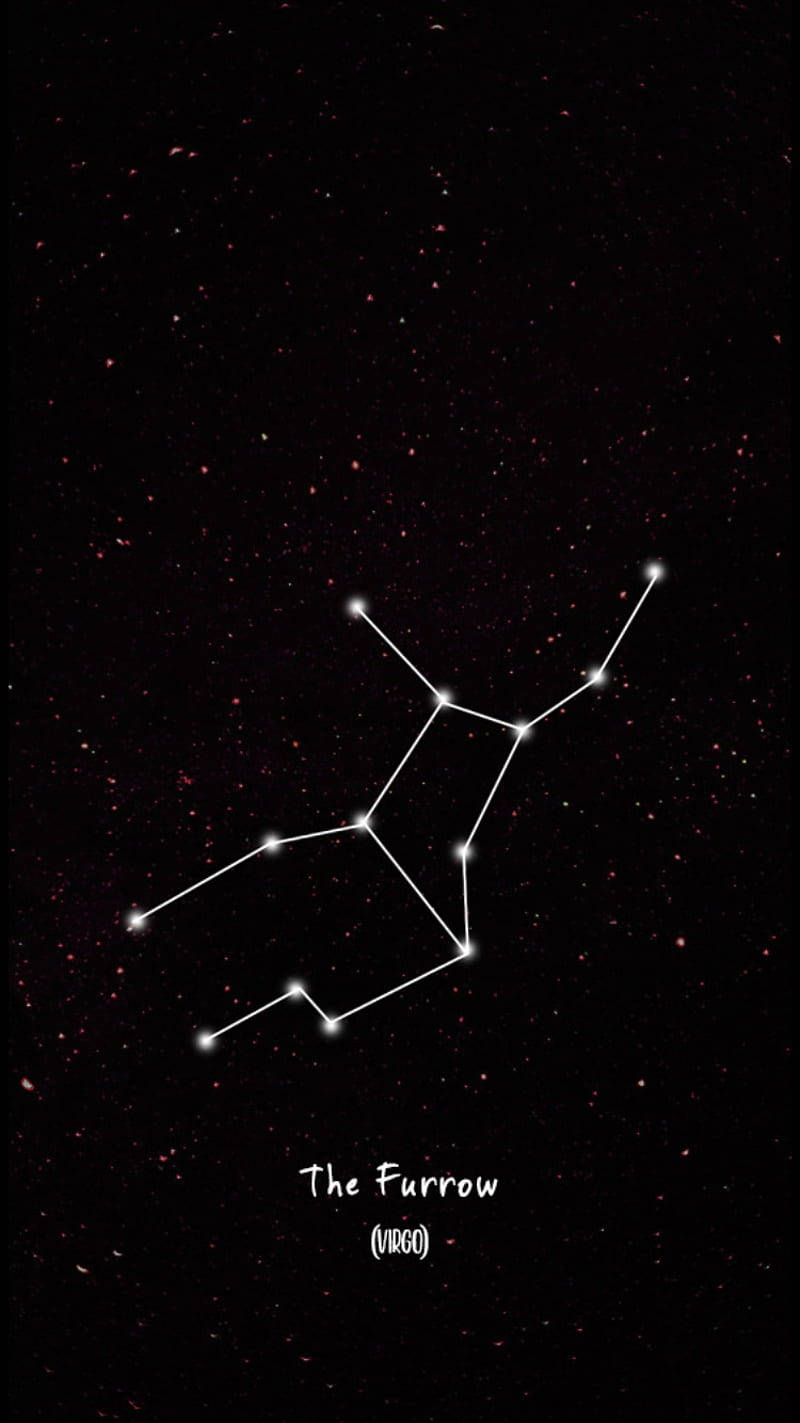 Virgo 桌布 壁紙 — 一張極簡星圖在深邃的宇宙夜空中突顯了標有「The Furrow」的處女座星座。