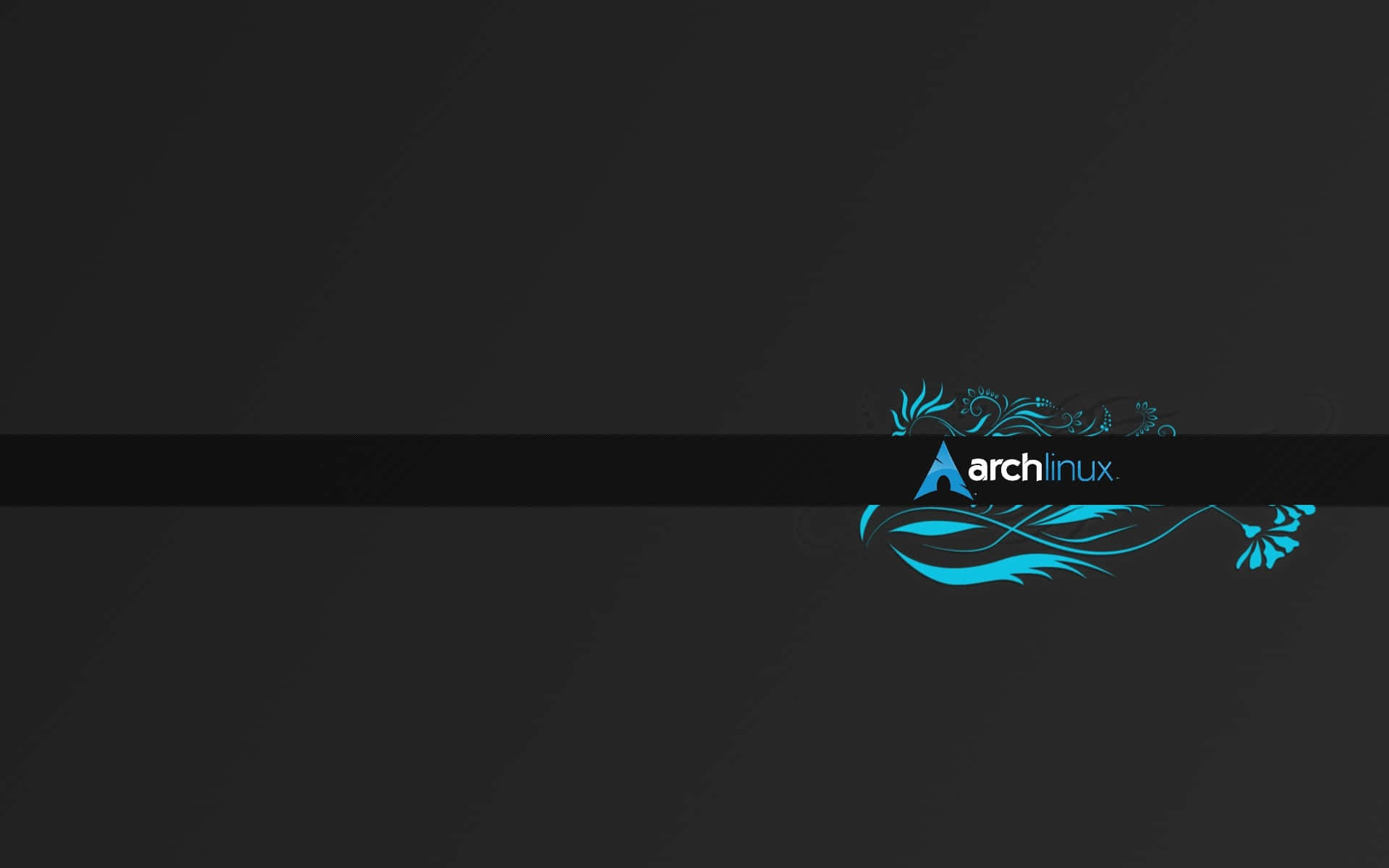 Arch Linux 桌布 壁紙 — 一張極簡深灰色桌布，中央黑色水平條上有一個發光的藍色 Arch Linux 標誌，帶有華麗的漩渦裝飾。