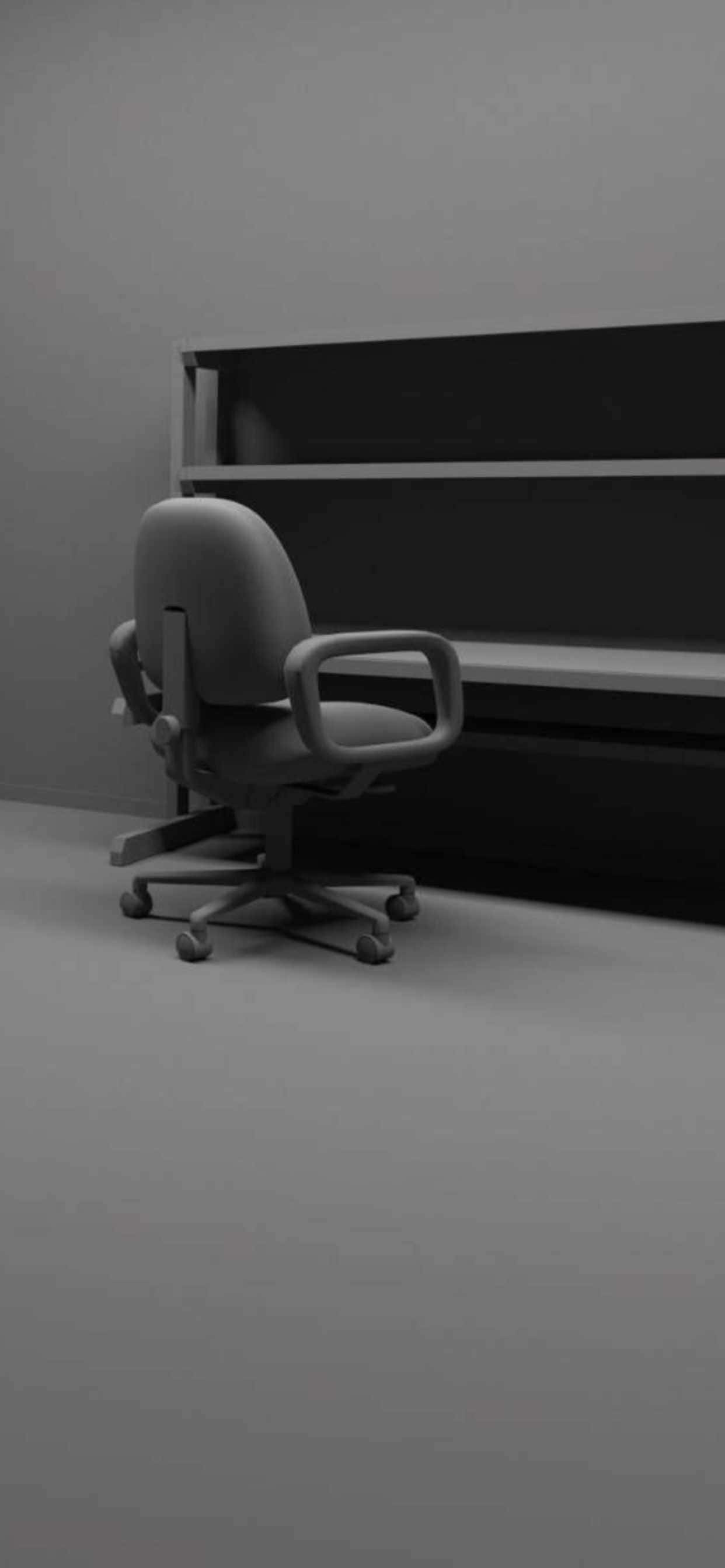 iPhone Xs Max Office 桌布 壁紙 — 一張極簡灰色辦公椅獨自放在空無一物的房間裡，旁邊是一個空置的層架組合。