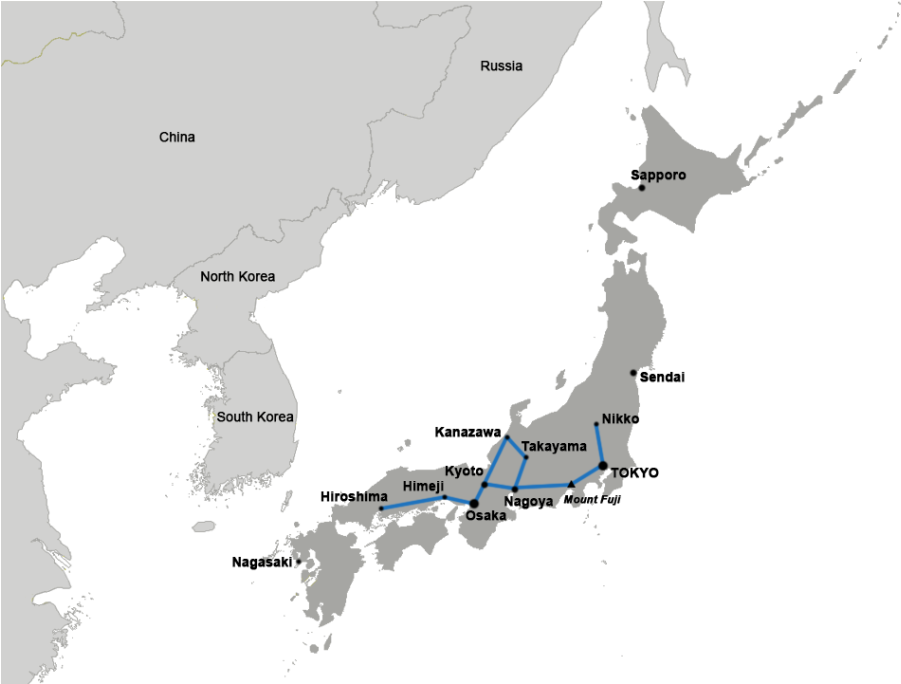 日本 桌布 壁紙 — 一張極簡灰階地圖，突出顯示一條藍色旅行路線穿越日本，並標註城市及鄰近國家。