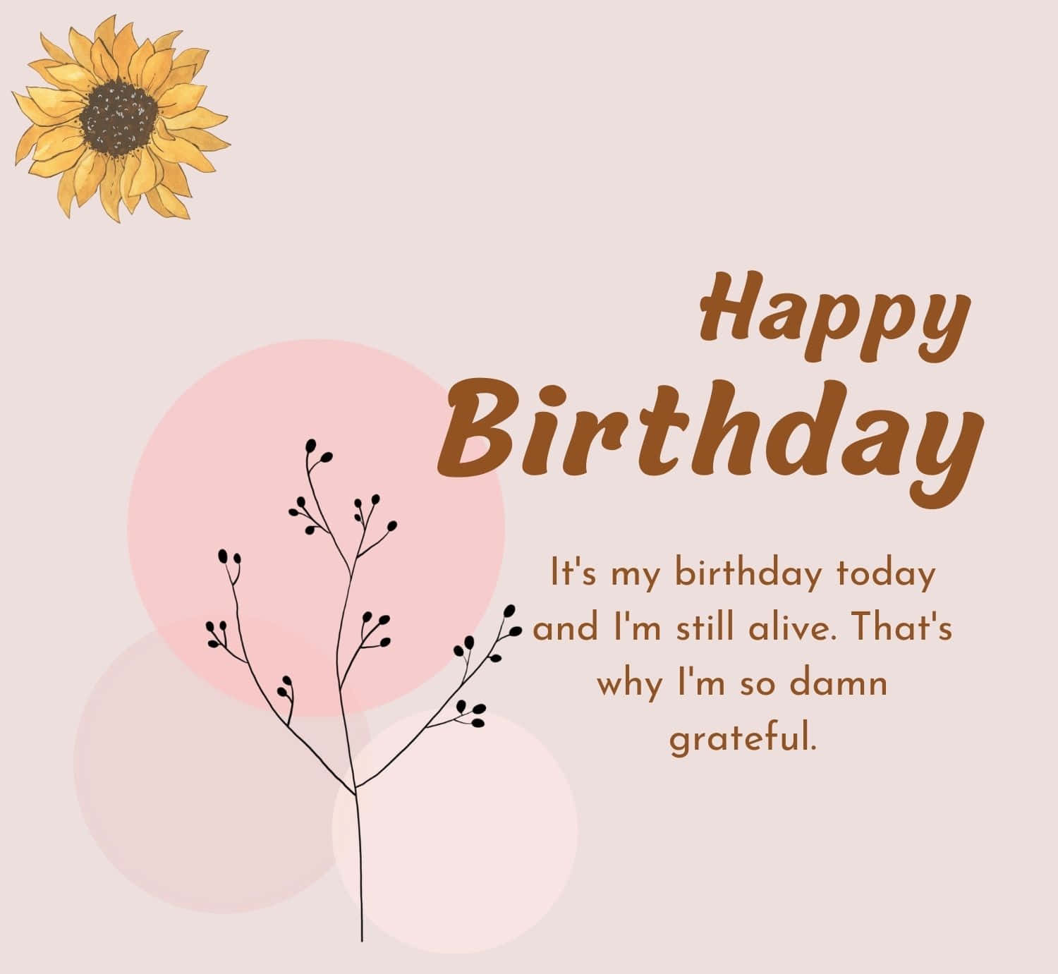 Birthday 桌布 壁紙 — 一張極簡生日卡，帶有向日葵、精緻樹枝和幽默文字，背景為柔和粉紅和米色。