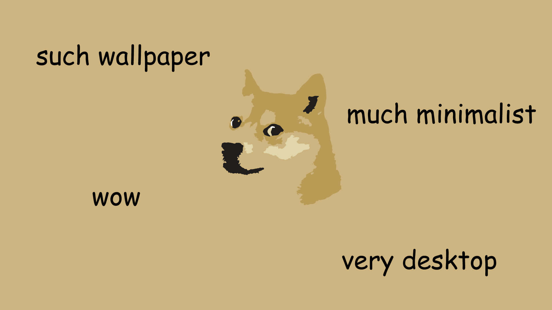 Doge 桌布 壁紙 — 一張極簡米色桌布，上面有一隻像素化的柴犬，周圍有「such wallpaper」和「very desktop」等文字短語。