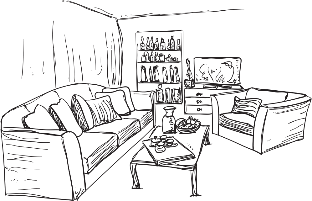 Living Room 桌布 壁紙 — 一張極簡線條藝術草圖，描繪了一個舒適的客廳，配有沙發、扶手椅、咖啡桌和層架，採用單色調。