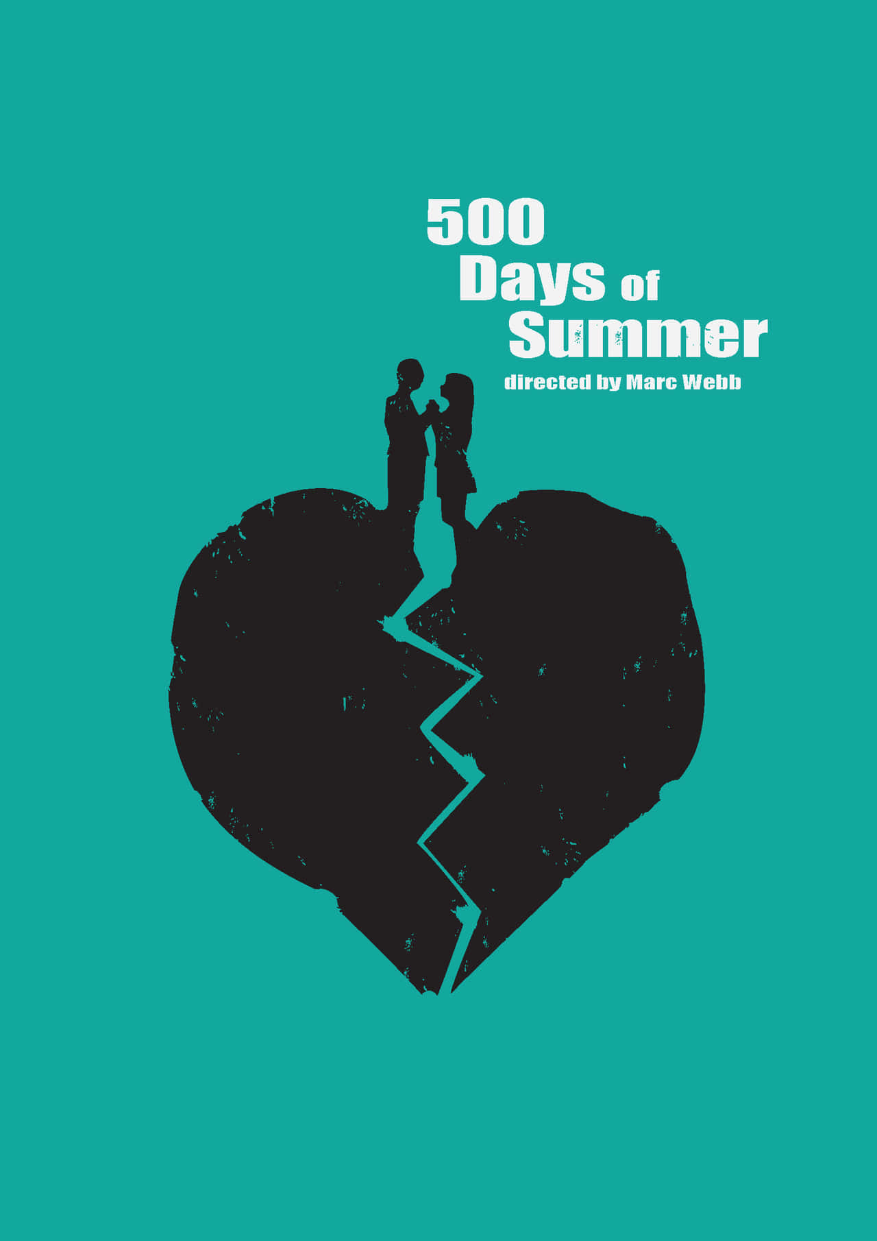 500 Days Of Summer 桌布 壁紙 — 一張極簡電影海報顯示兩個剪影人物站在裂開的心形上，背景為青綠色。