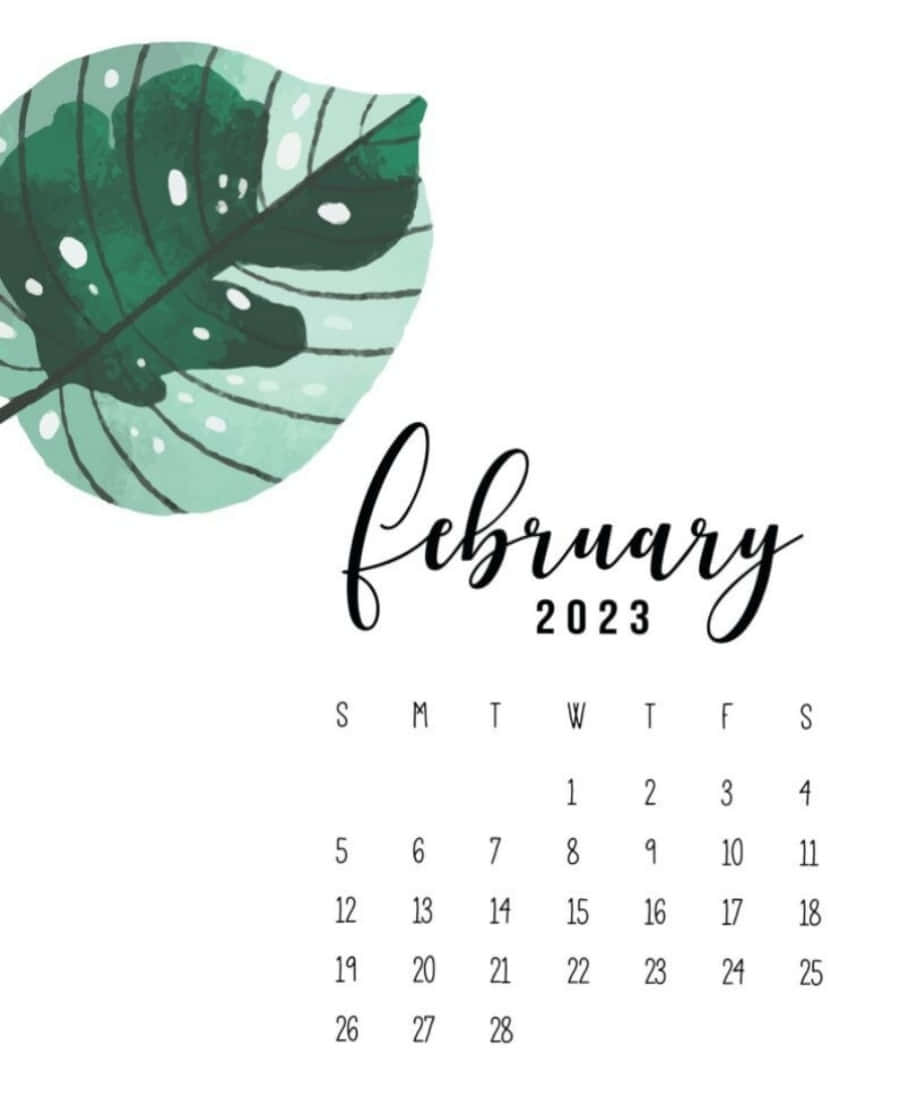 2023年2月月曆，帶有綠色葉子插圖。 — 二月 GIF 壁紙