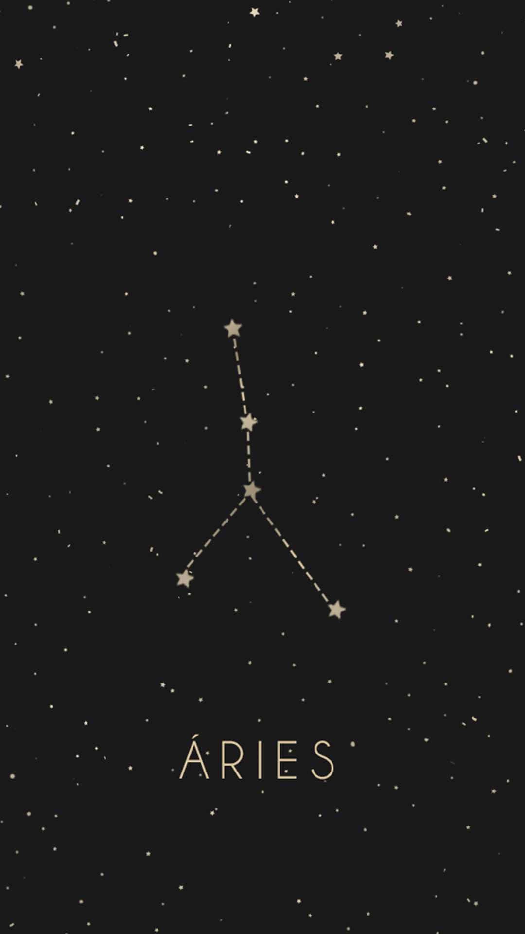 Constellations 桌布 壁紙 — 一張極簡風格的天體圖，在繁星點點的黑色夜空中以金色凸顯白羊座。