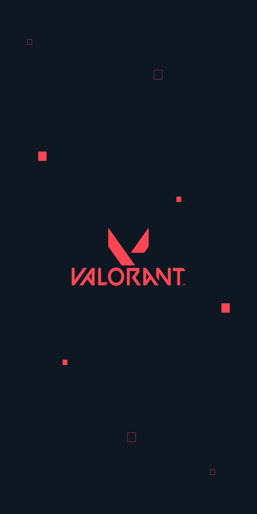 Pixel 3 Valorant 桌布 壁紙 — 一張極簡風格的深色桌布，中央是紅色的Valorant標誌，周圍散落著紅色方塊，背景為黑色。
