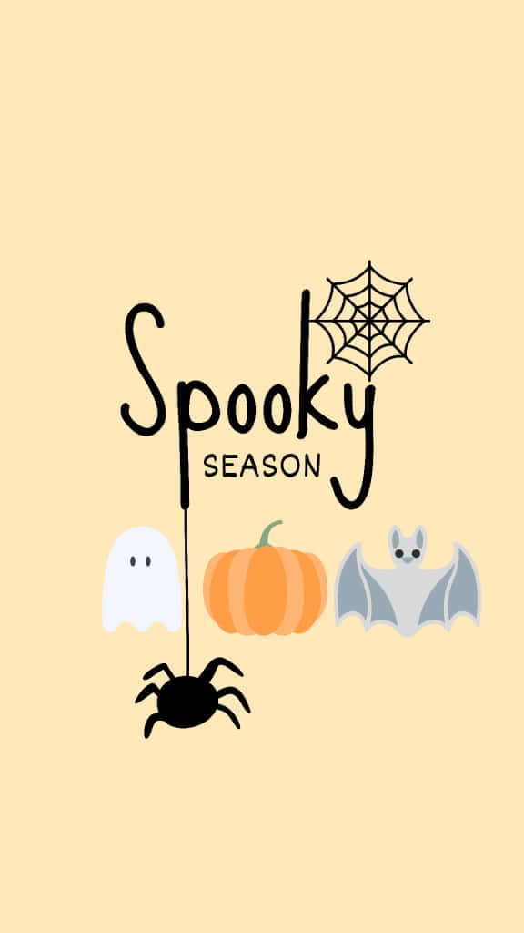 iPhone Cute Halloween 桌布 壁紙 — 一張極簡風格的萬聖節桌布，包含蜘蛛、鬼魂、南瓜、蝙蝠和蜘蛛網，背景為淡黃色。