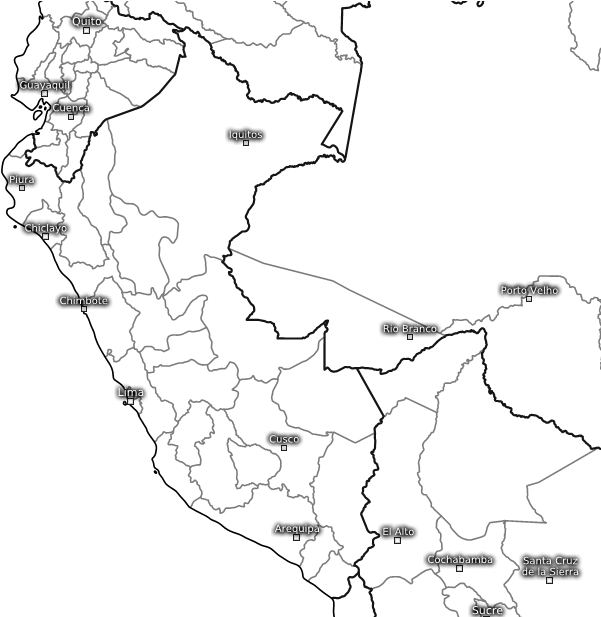 秘魯 桌布 壁紙 — 一張極簡黑白地圖以細白線勾勒南美國家，並標註城市名稱。