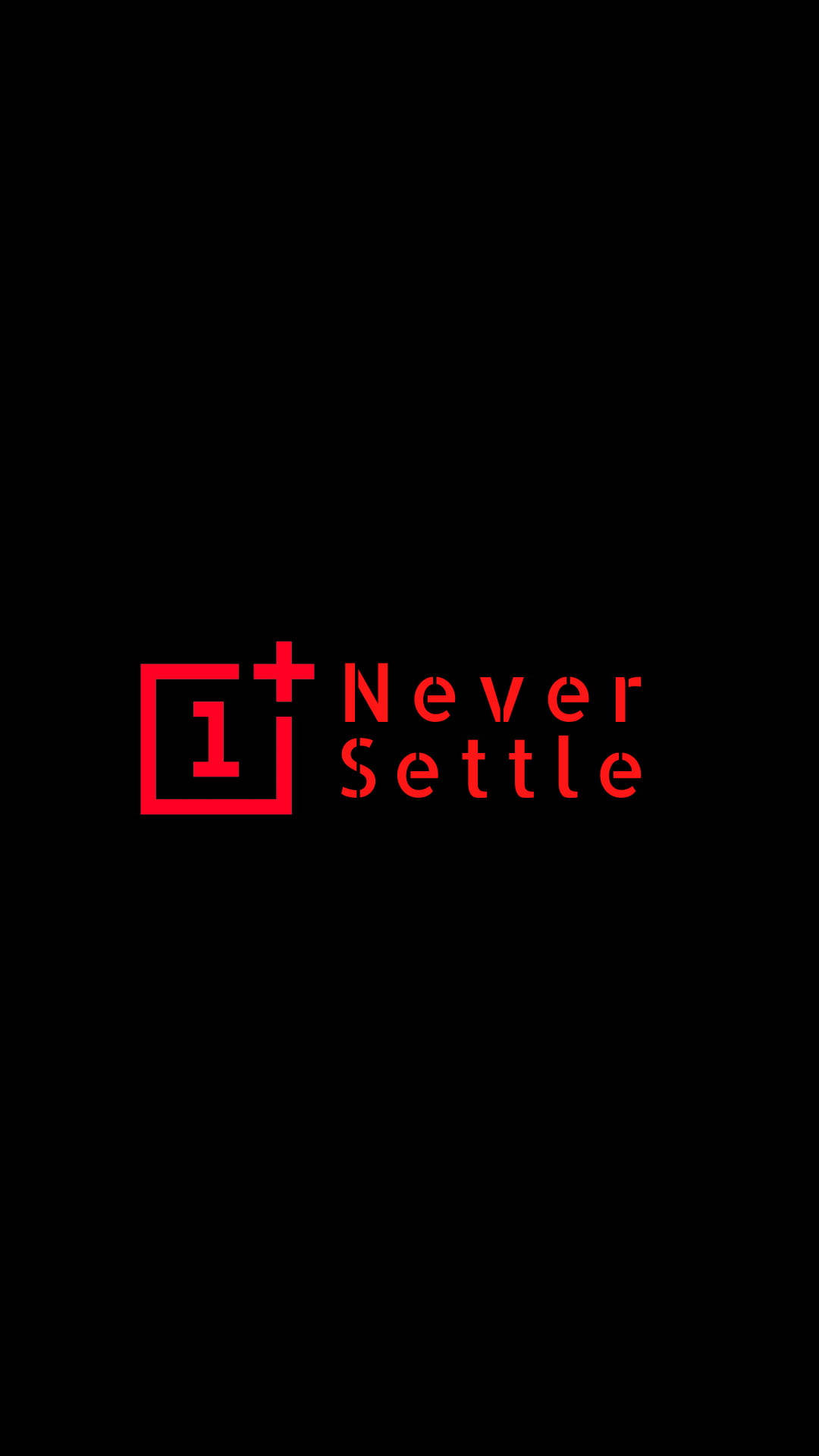 標誌 桌布 壁紙 — 一張極簡黑色桌布，中央放置紅色 OnePlus 標誌和「Never Settle」文字，背景為純黑色。