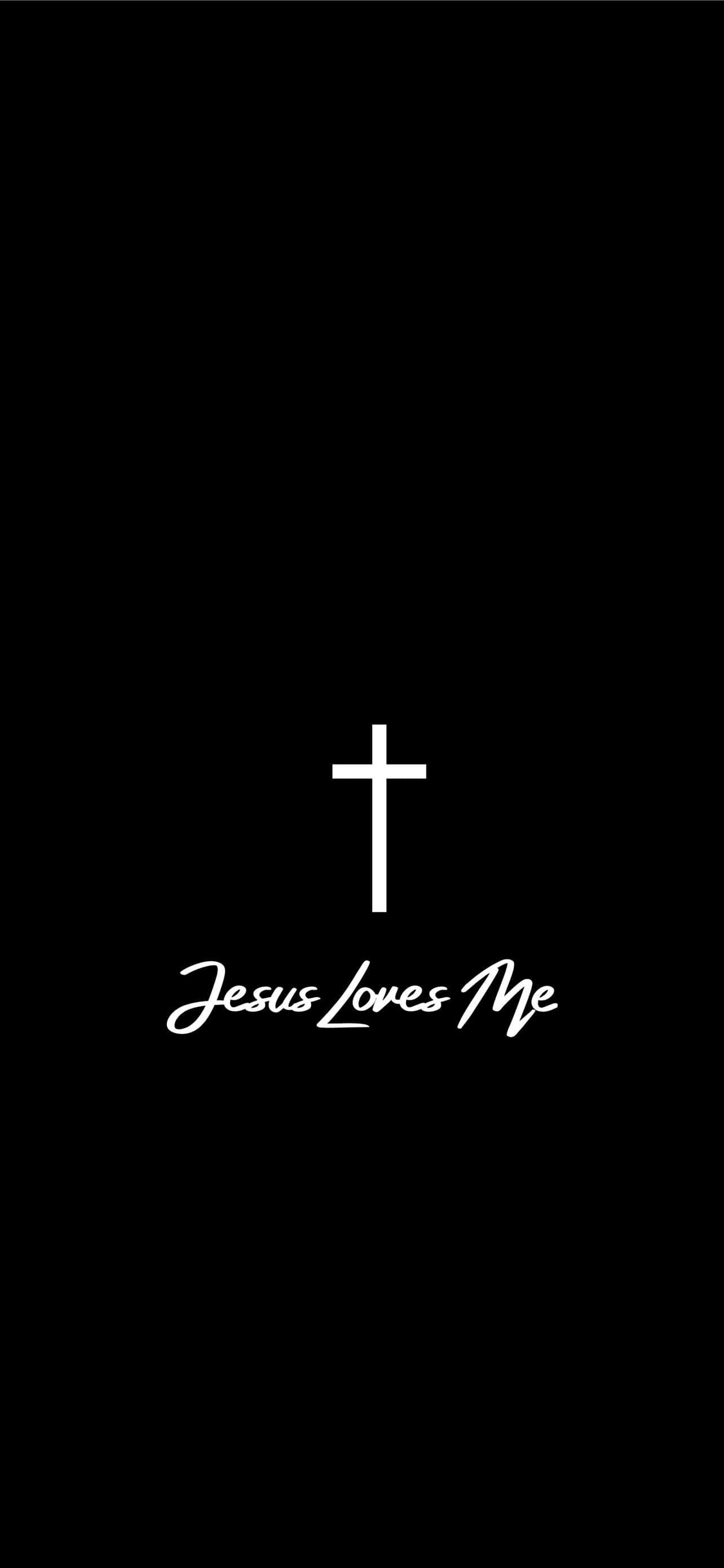 Jesus Saves 桌布 壁紙 — 一張極簡黑色桌布，中央有一個白色十字架，上方是草書文字 Jesus Loves Me。