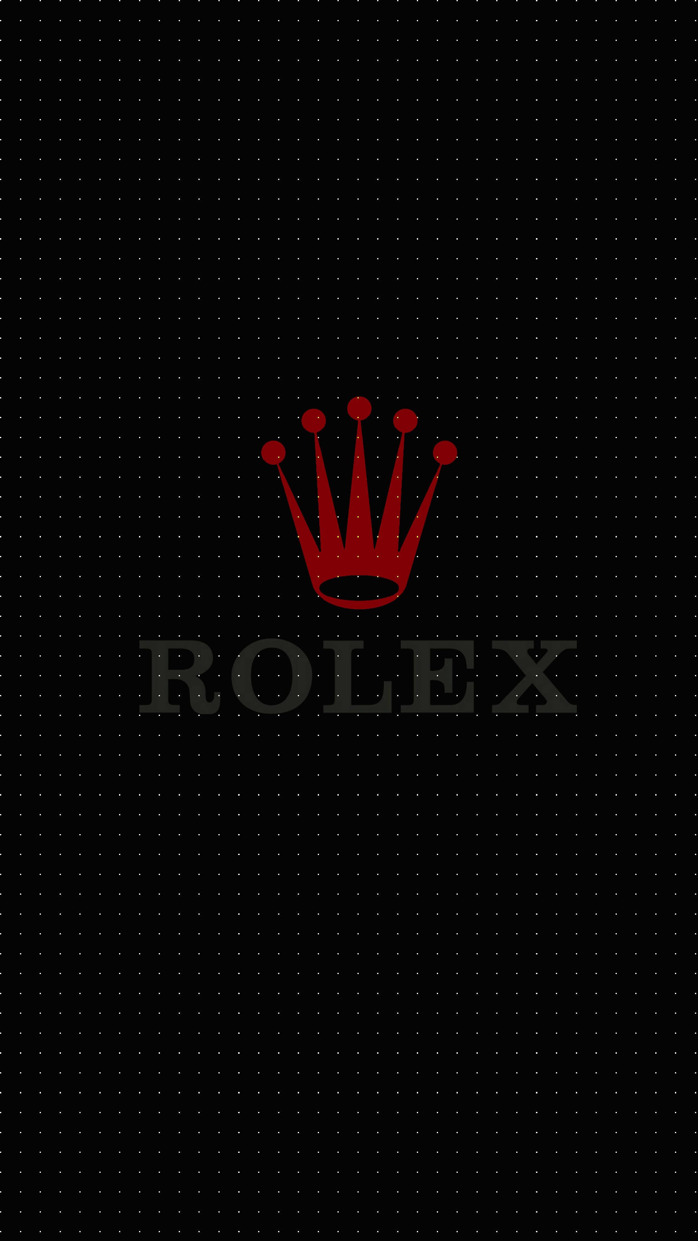 Rolex 桌布 壁紙 — 一張極簡黑色桌布，中央有紅色勞力士皇冠標誌和灰色文字，背景為圓點圖案。