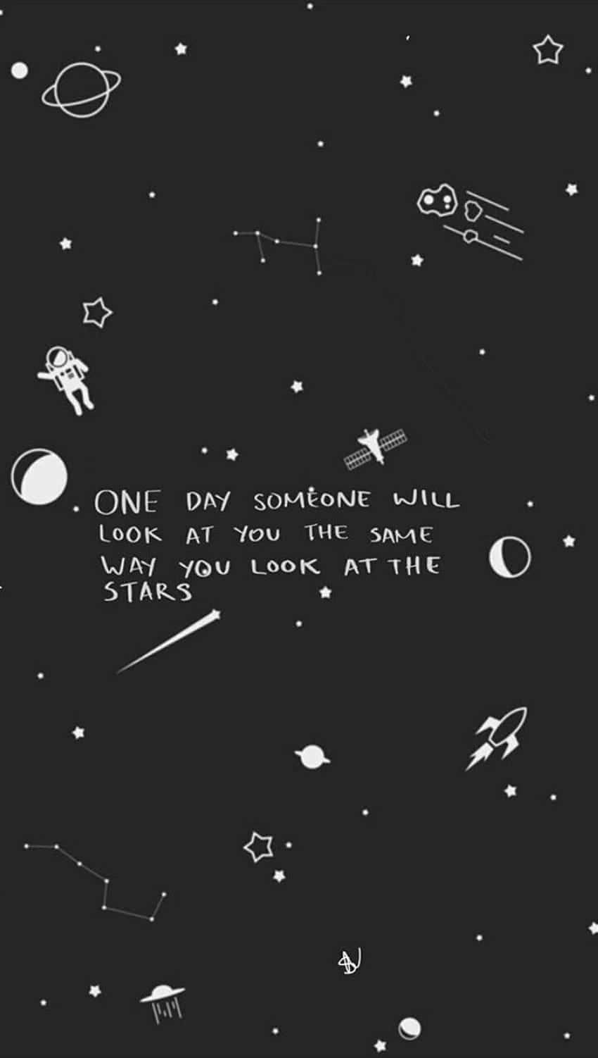 塗鴉動圖 桌布 壁紙 — 一張極簡黑色桌布，周圍有星星、行星、火箭和太空人的白色線條畫，環繞著手寫的勵志名言。