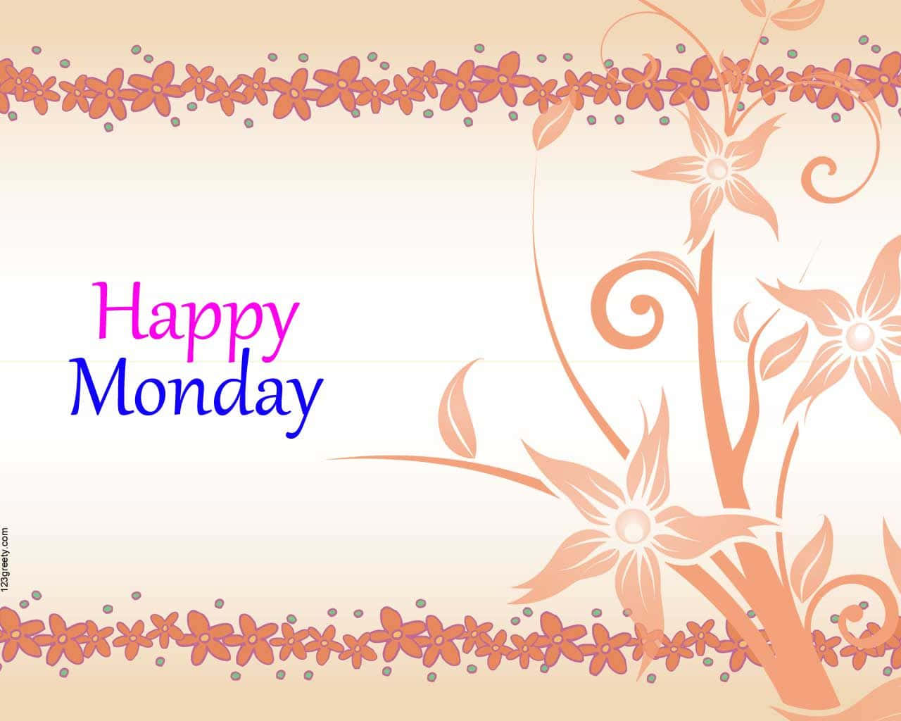 Monday 桌布 壁紙 — 一張歡快的數位賀卡，上面有粉紅色和藍色的「Happy Monday」文字，以橙色花卉邊框和風格化花朵裝飾，背景為柔和漸變色。