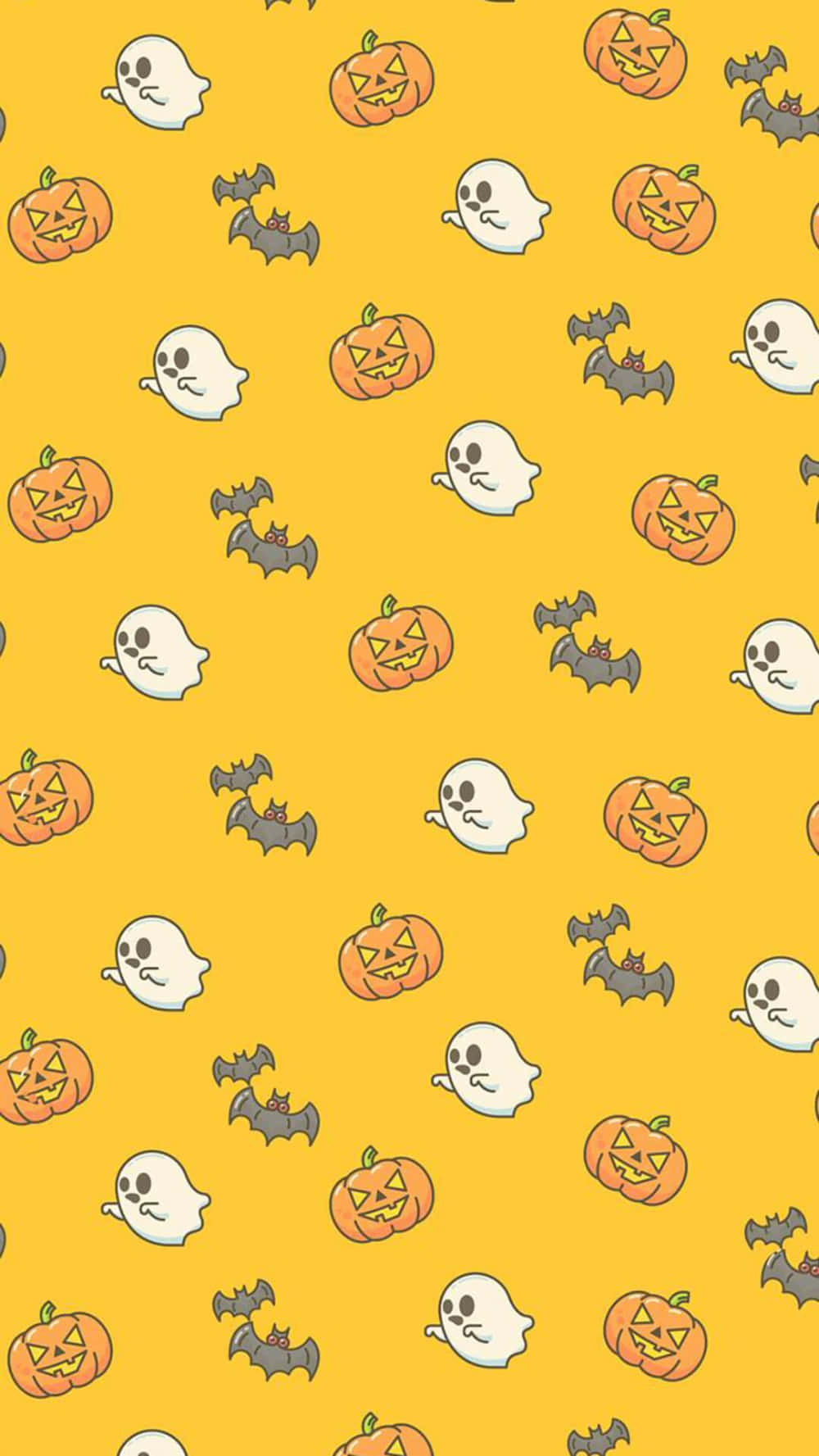 Halloween Phone 桌布 壁紙 — 一張歡快的萬聖節桌布，在明亮的黃色背景上重複出現卡通幽靈、南瓜和蝙蝠。