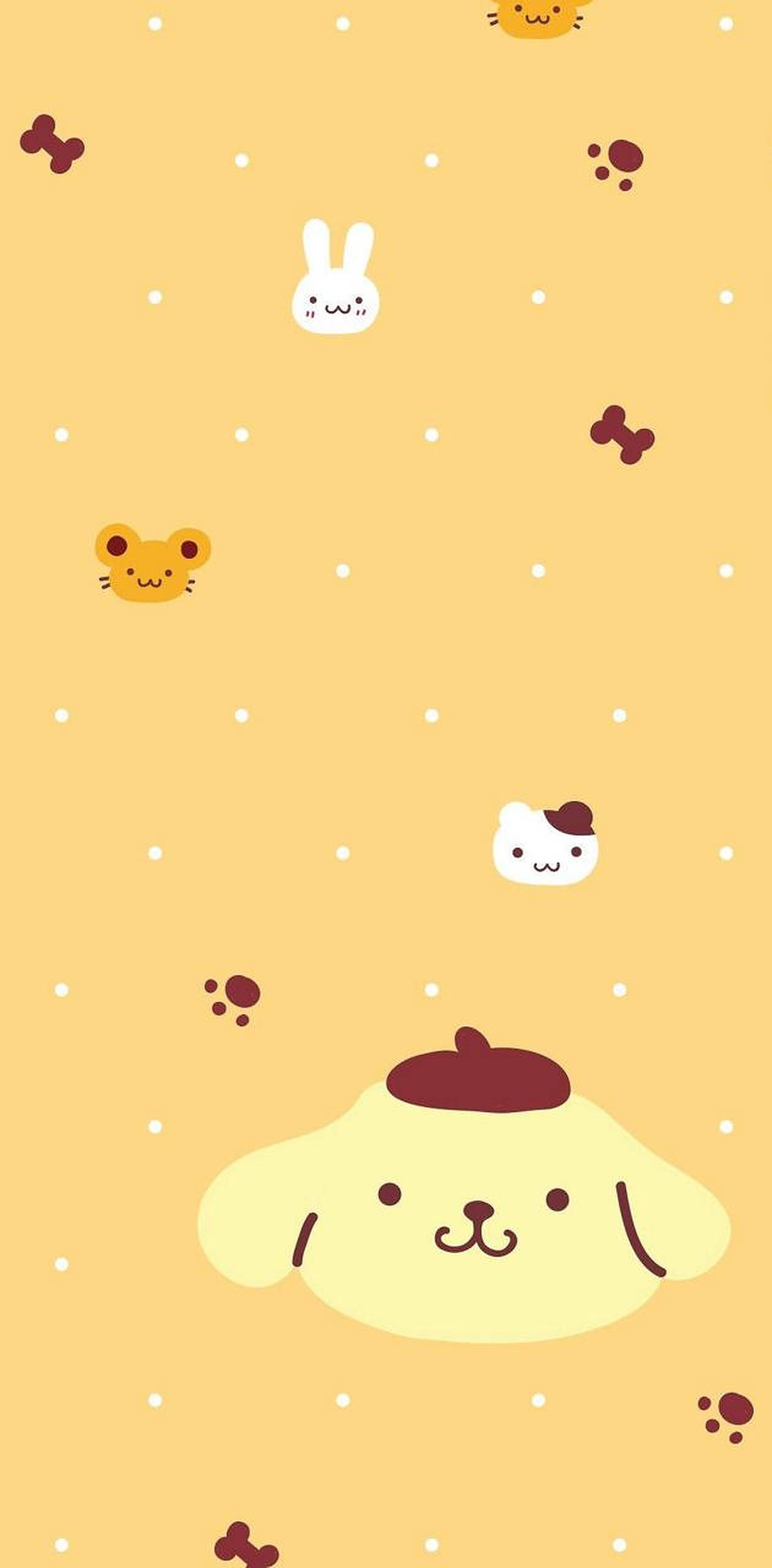 Pompompurin HD 桌布 壁紙 — 一張歡快的黃色壁紙，上面有可愛的卡通動物和骨頭漂浮在白點之間。