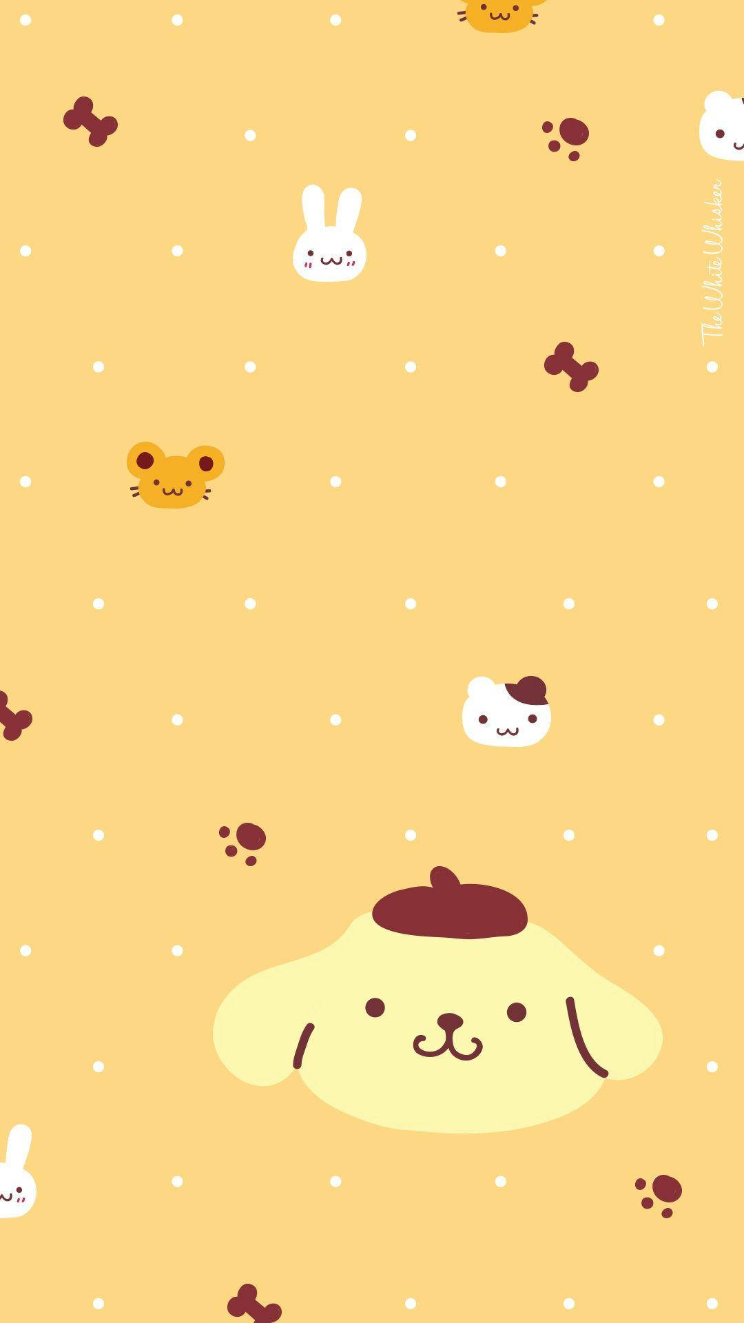 Cute Cartoon Dog 桌布 壁紙 — 一張歡快的黃色壁紙，上面有可愛的卡通動物和骨頭散落在圓點背景上。