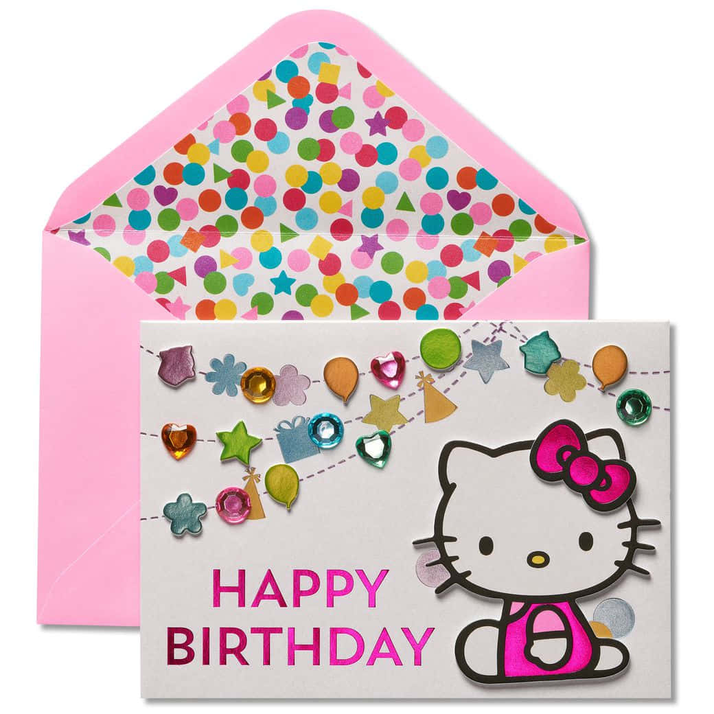 Hello Kitty Birthday 桌布 壁紙 — 一張歡樂的Hello Kitty生日卡，配有粉紅色信封和色彩繽紛的碎紙內襯，帶有閃亮裝飾和粗體粉紅色文字。