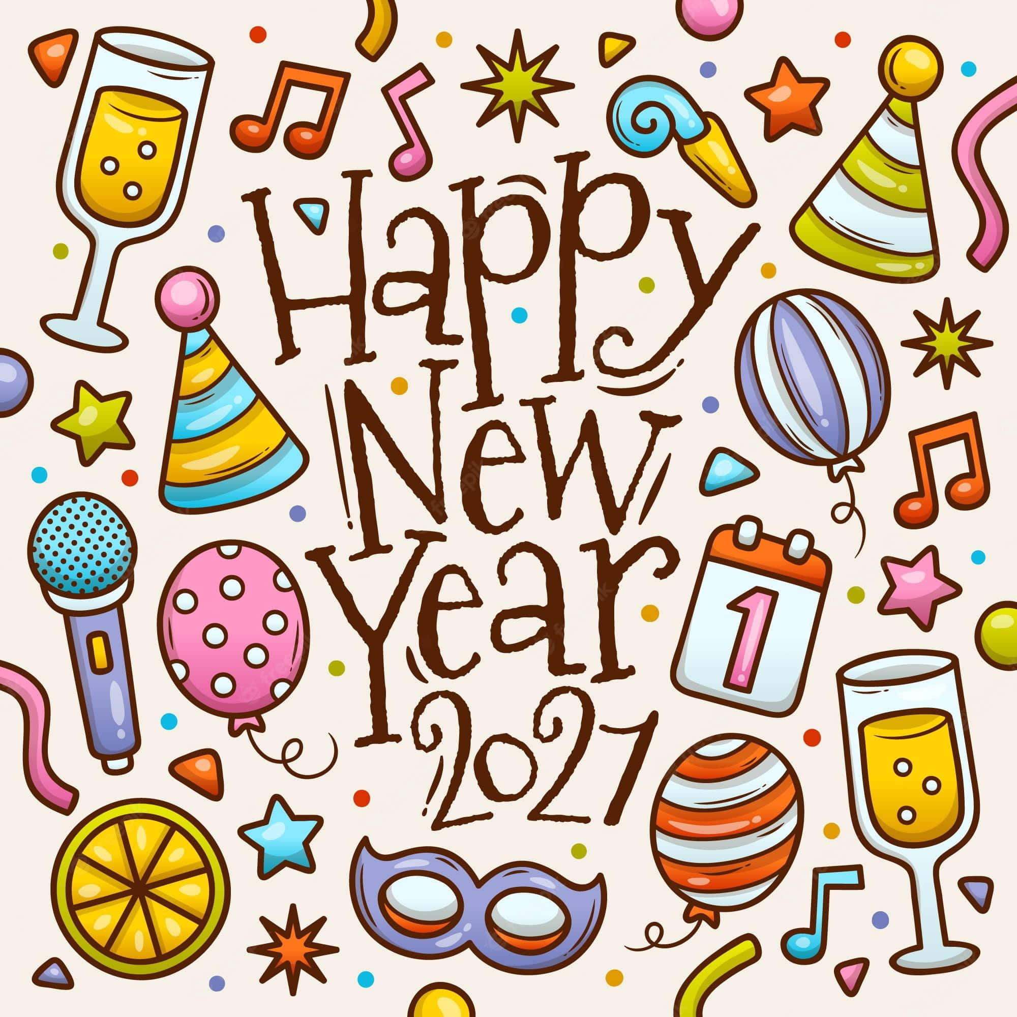 新年 桌布 壁紙 — 一張歡樂的手繪新年2021賀卡，周圍散落著香檳杯、氣球和派對帽等節日圖標。