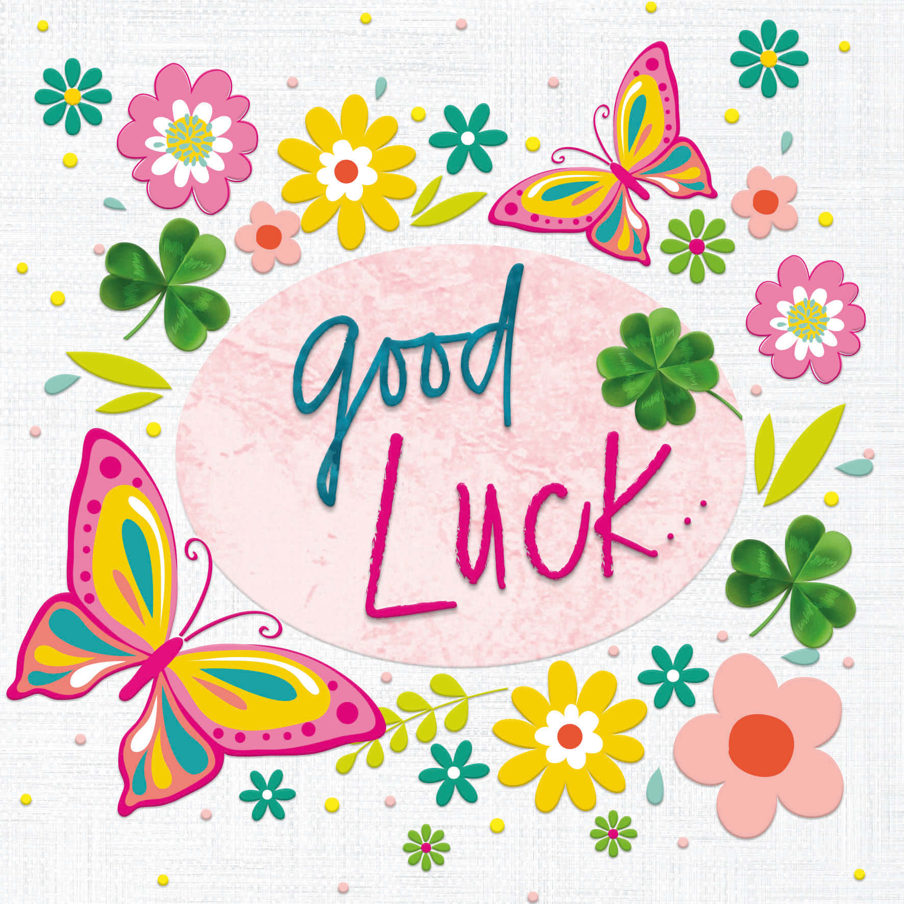 Good Luck 桌布 壁紙 — 一張歡樂的賀卡，上面有「好運」字樣，周圍環繞著色彩繽紛的蝴蝶、花朵和三葉草，背景帶有紋理。