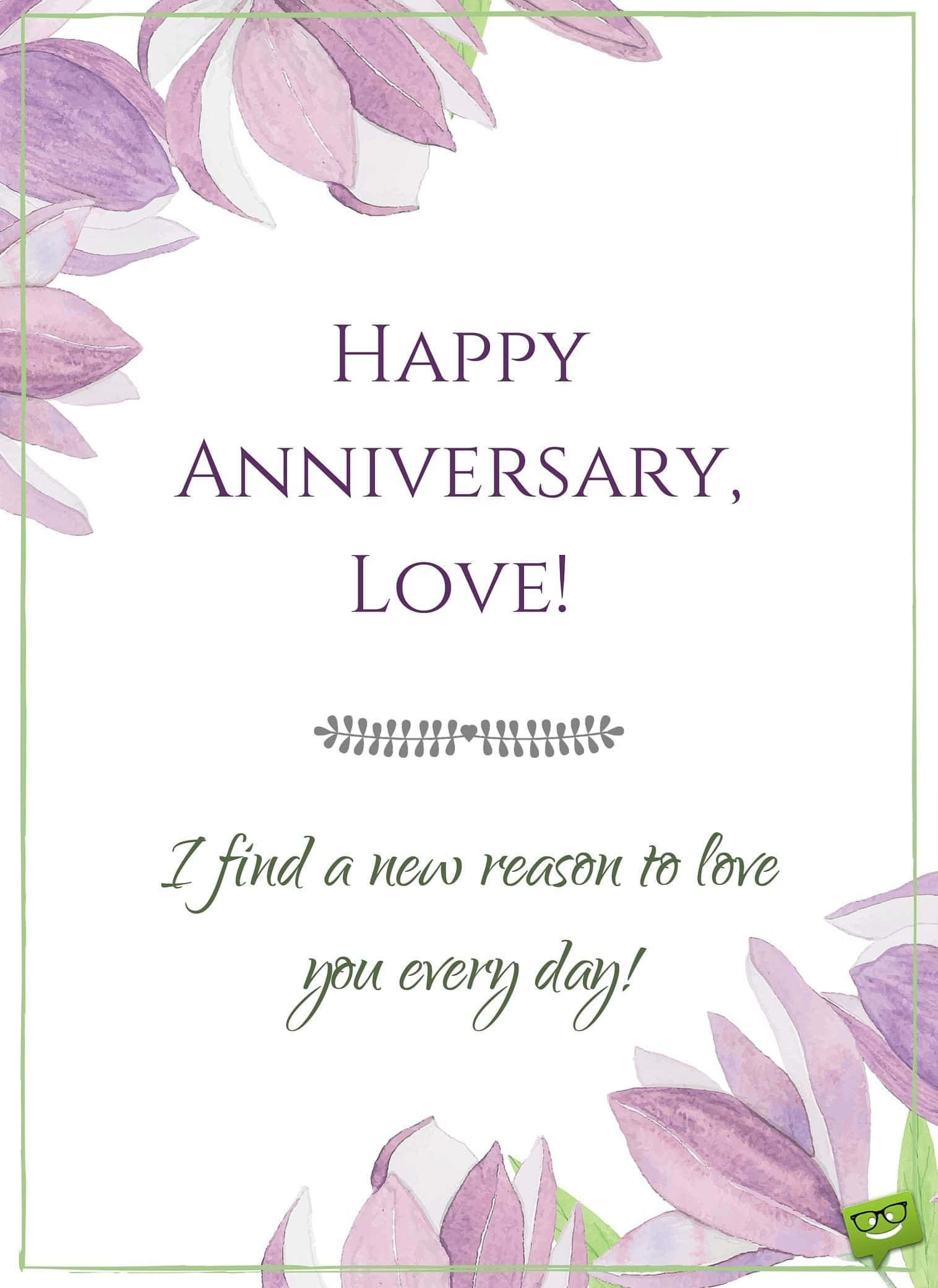 Anniversary 桌布 壁紙 — 一張水彩週年卡，紫色木蘭花環繞著真摯的訊息，背景為潔淨的白色。