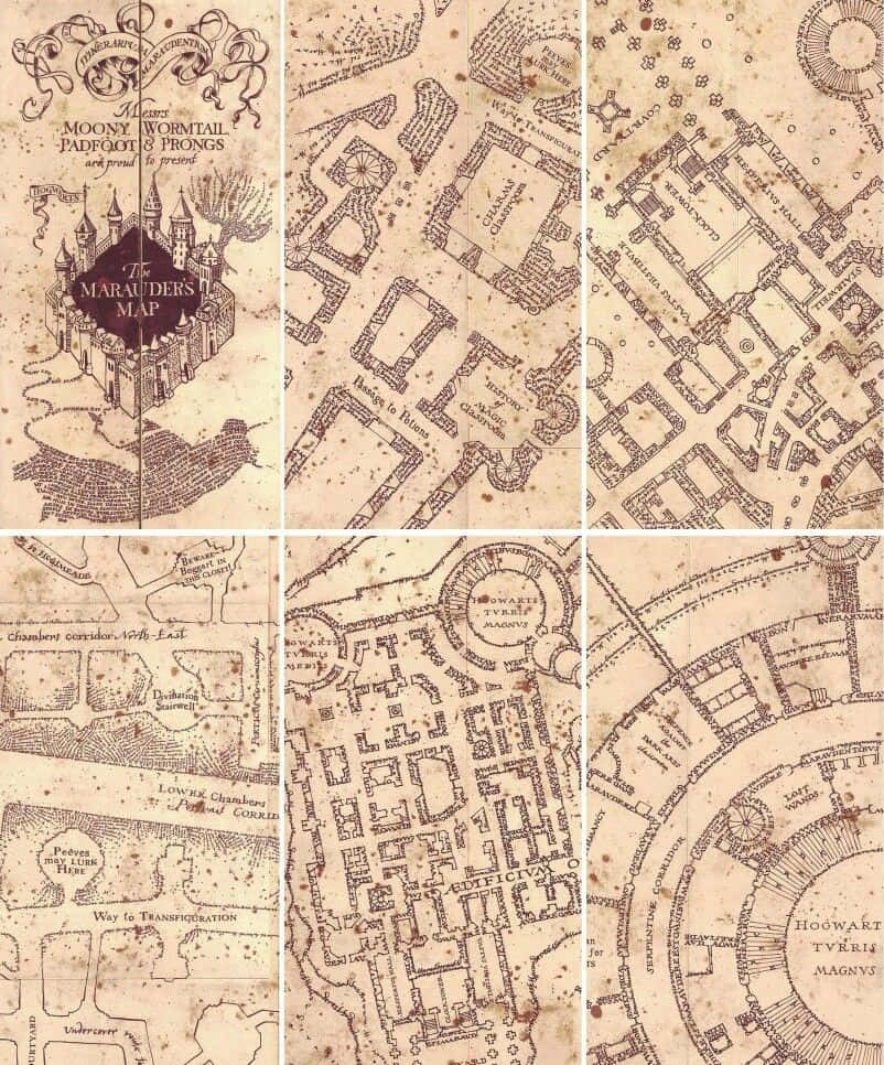 The Marauder's Map 桌布 壁紙 — 一張泛黃的羊皮紙霍格華茲地圖，帶有複雜的手繪走廊和標記房間，色調為懷舊的棕褐色。