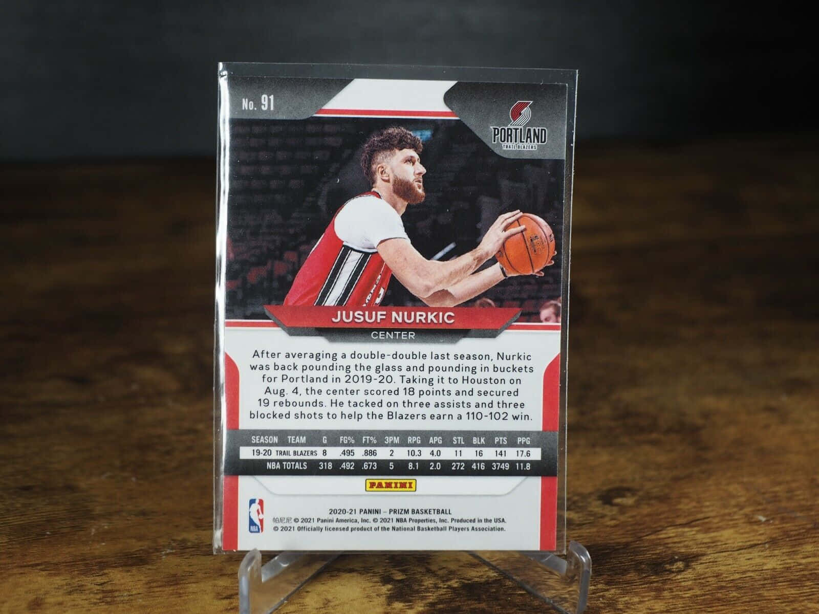 籃球 桌布 壁紙 — 一張波特蘭拓荒者隊的籃球交易卡，上面有 Jusuf Nurkic，在柔和燈光下直立於木桌上。