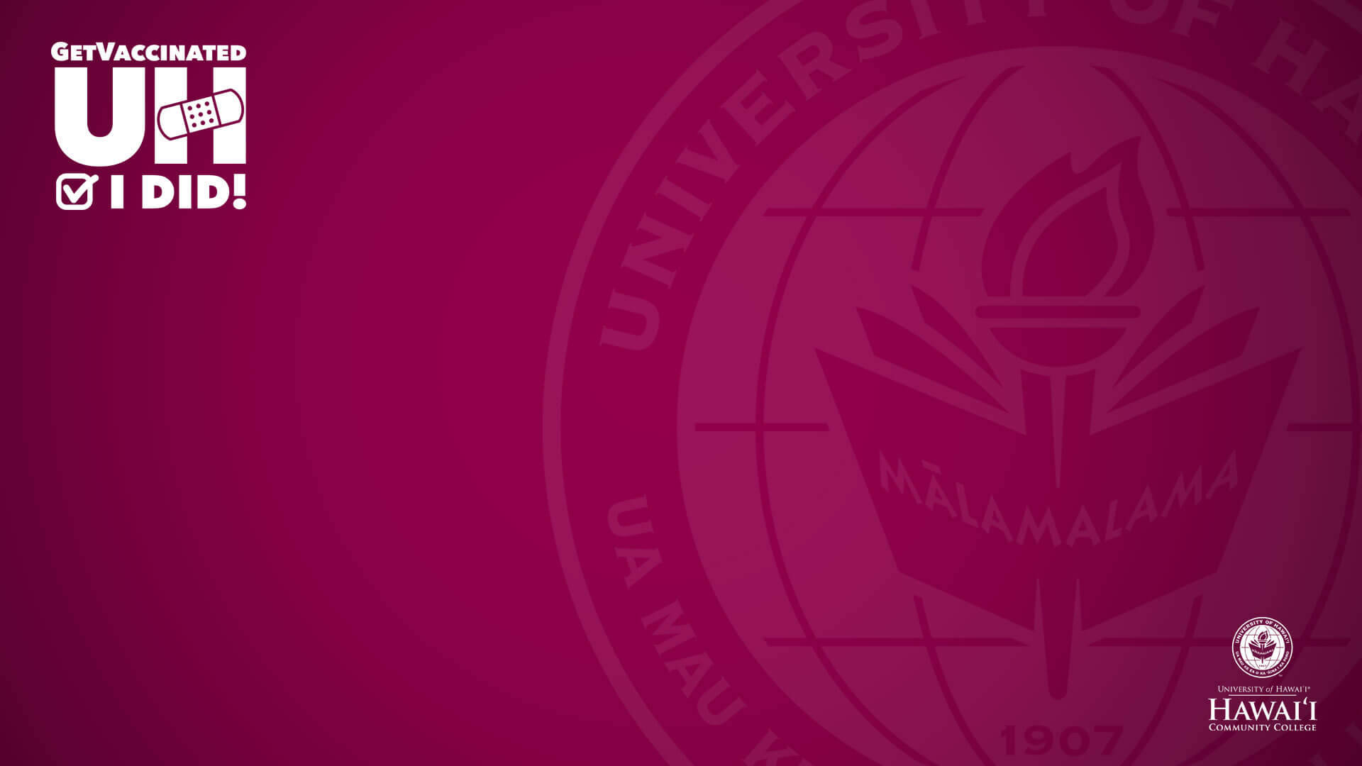  壁紙 — 一張洋紅色數位桌布，印有夏威夷大學的印章和「Get Vaccinated UH I DID!」活動標誌。