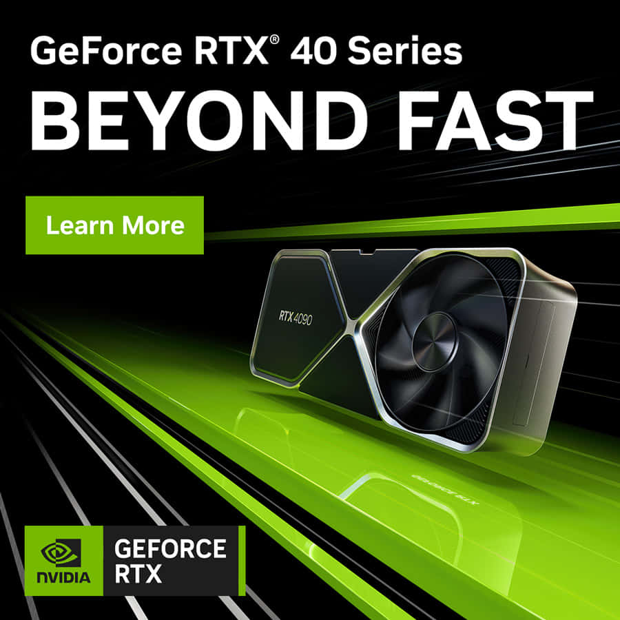 nvidia 桌布 壁紙 — 一張流線型的NVIDIA GeForce RTX 4090顯示卡在鮮綠色軌道上滑行，背景為黑色，並有粗體白色文字宣示「BEYOND FAST」。