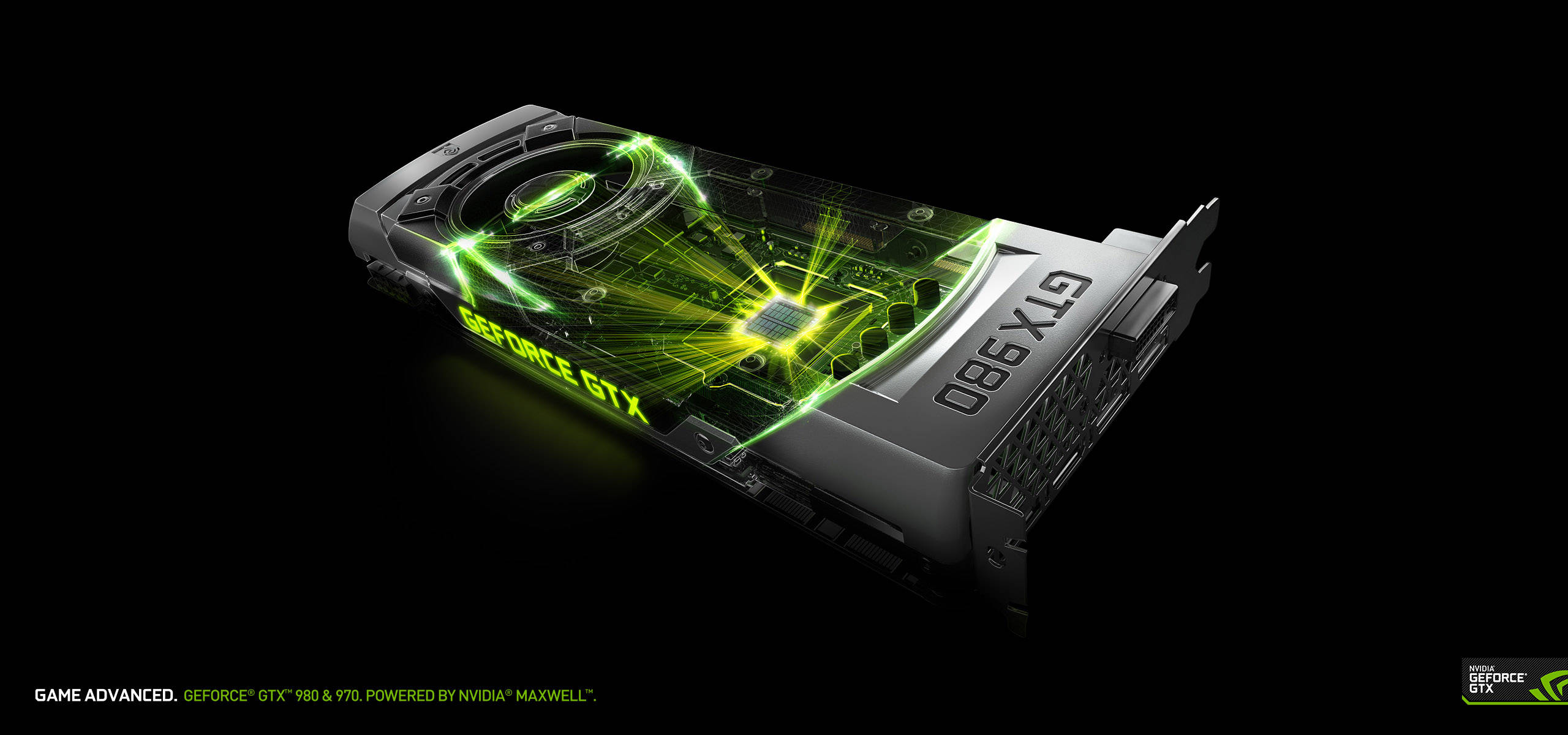 nvidia 桌布 壁紙 — 一張流線型的NVIDIA GeForce GTX 980顯示卡在黑色背景下發出鮮豔的綠色電路光芒。