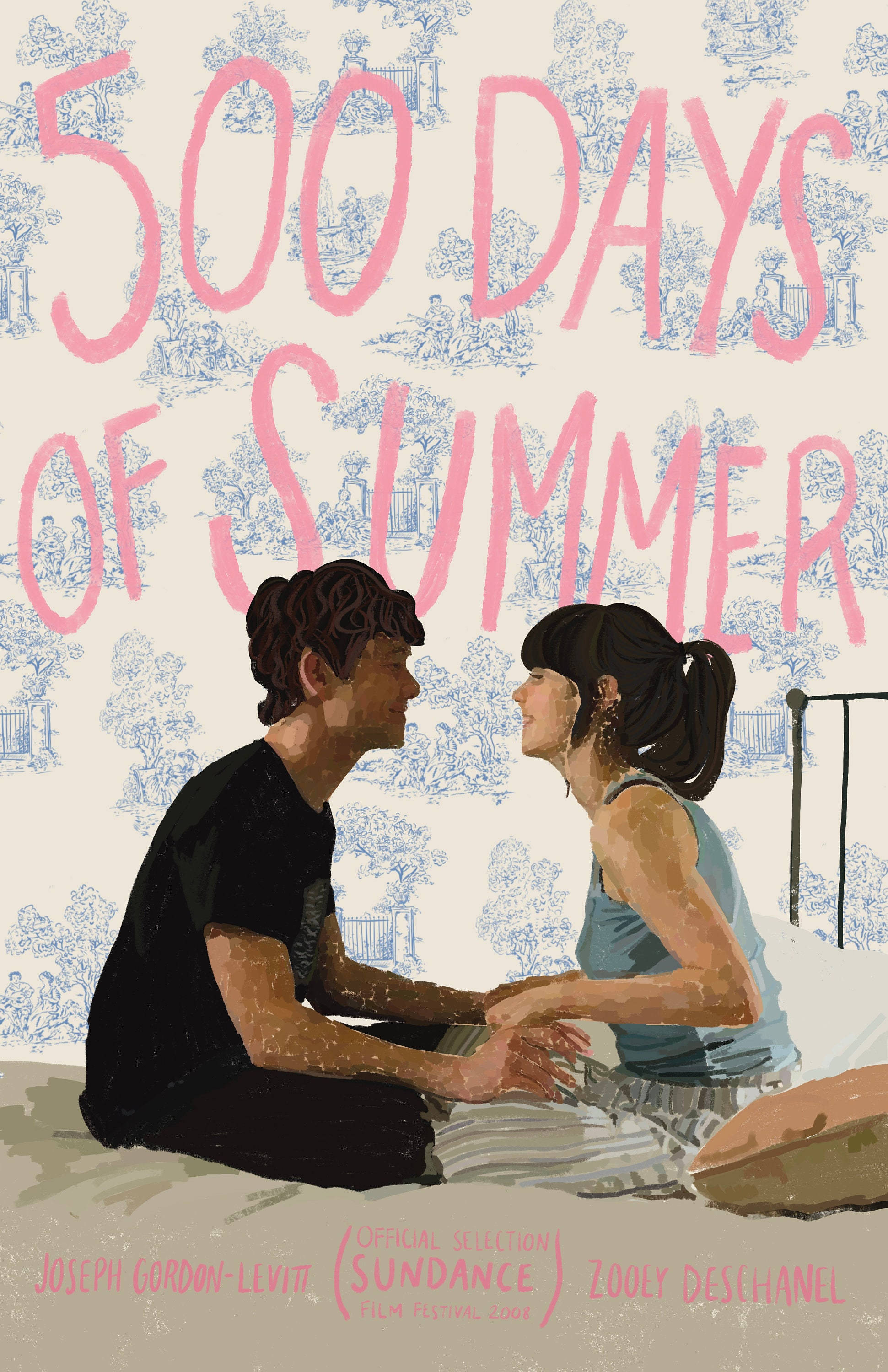 500 Days Of Summer 桌布 壁紙 — 一張浪漫的插畫海報，描繪一對年輕情侶坐在床上牽手，背景是藍色托伊爾壁紙，帶有粉紅色標題文字。
