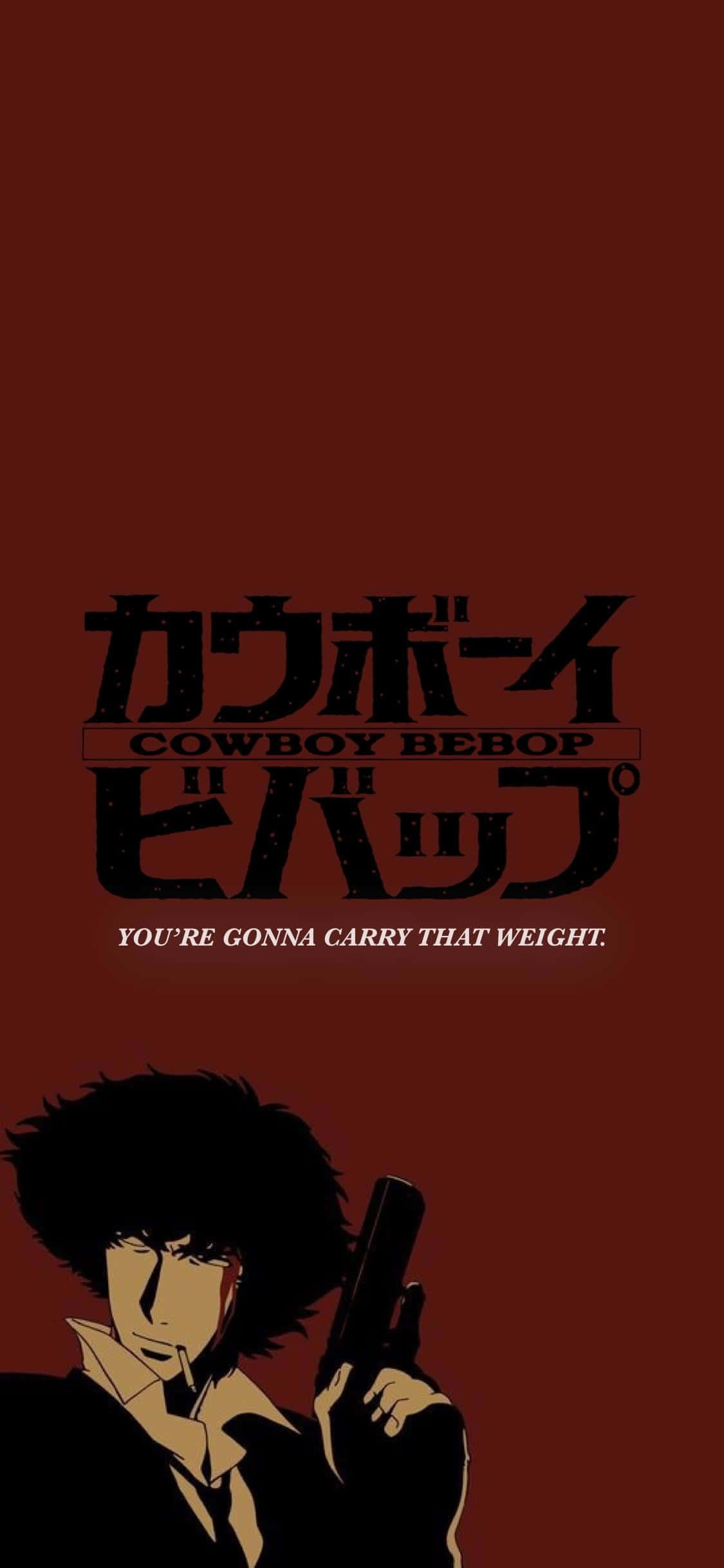 星際牛仔 桌布 壁紙 — 一張深紅色動漫桌布， featuring Spike Spiegel from Cowboy Bebop 手持槍枝，下方有節目名稱和引文。