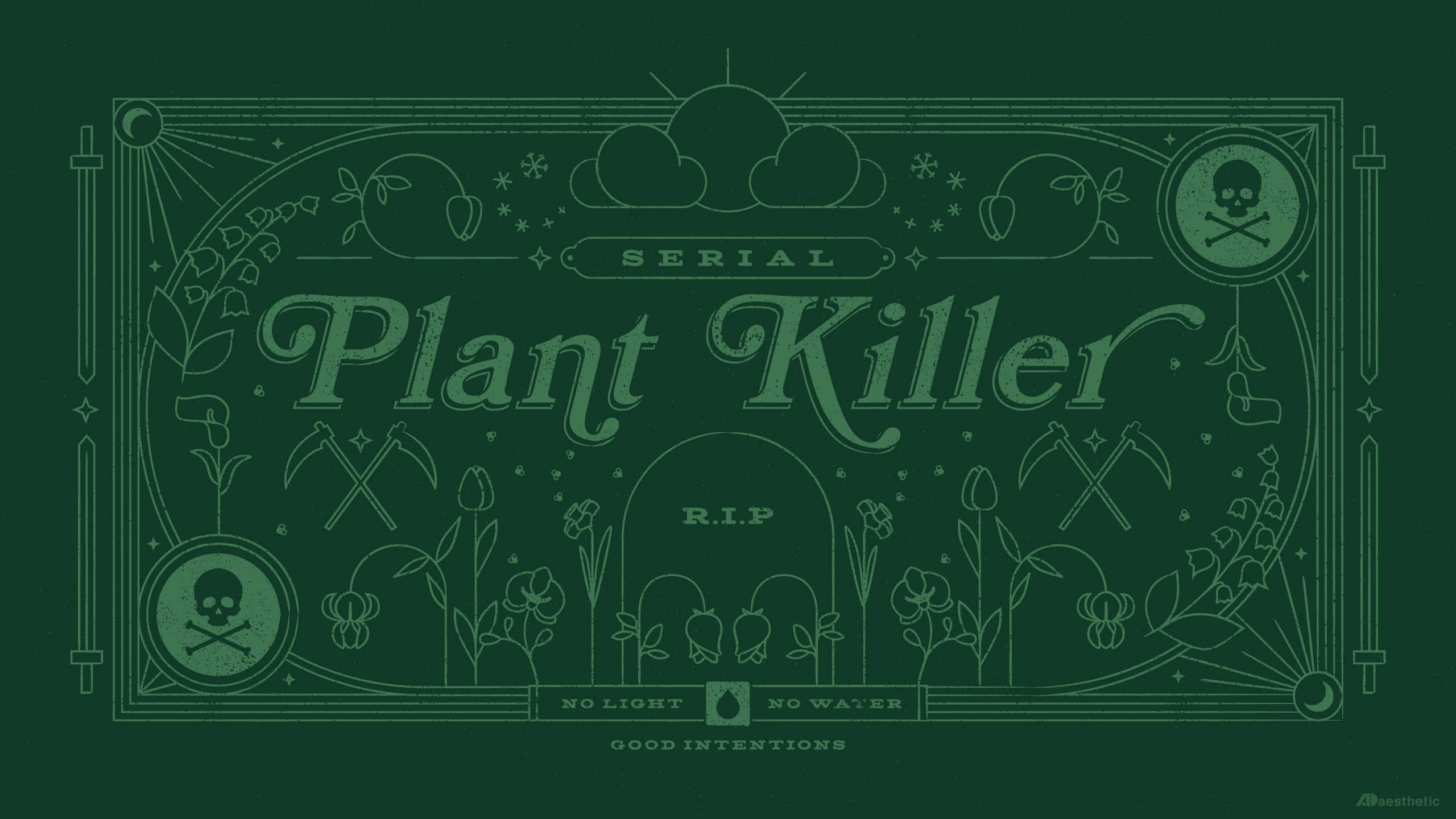 Lime Green 桌布 壁紙 — 一張深綠色插圖海報宣稱「Plant Killer」，帶有骷髏頭、園藝工具和墓碑，採用哥德式植物設計。