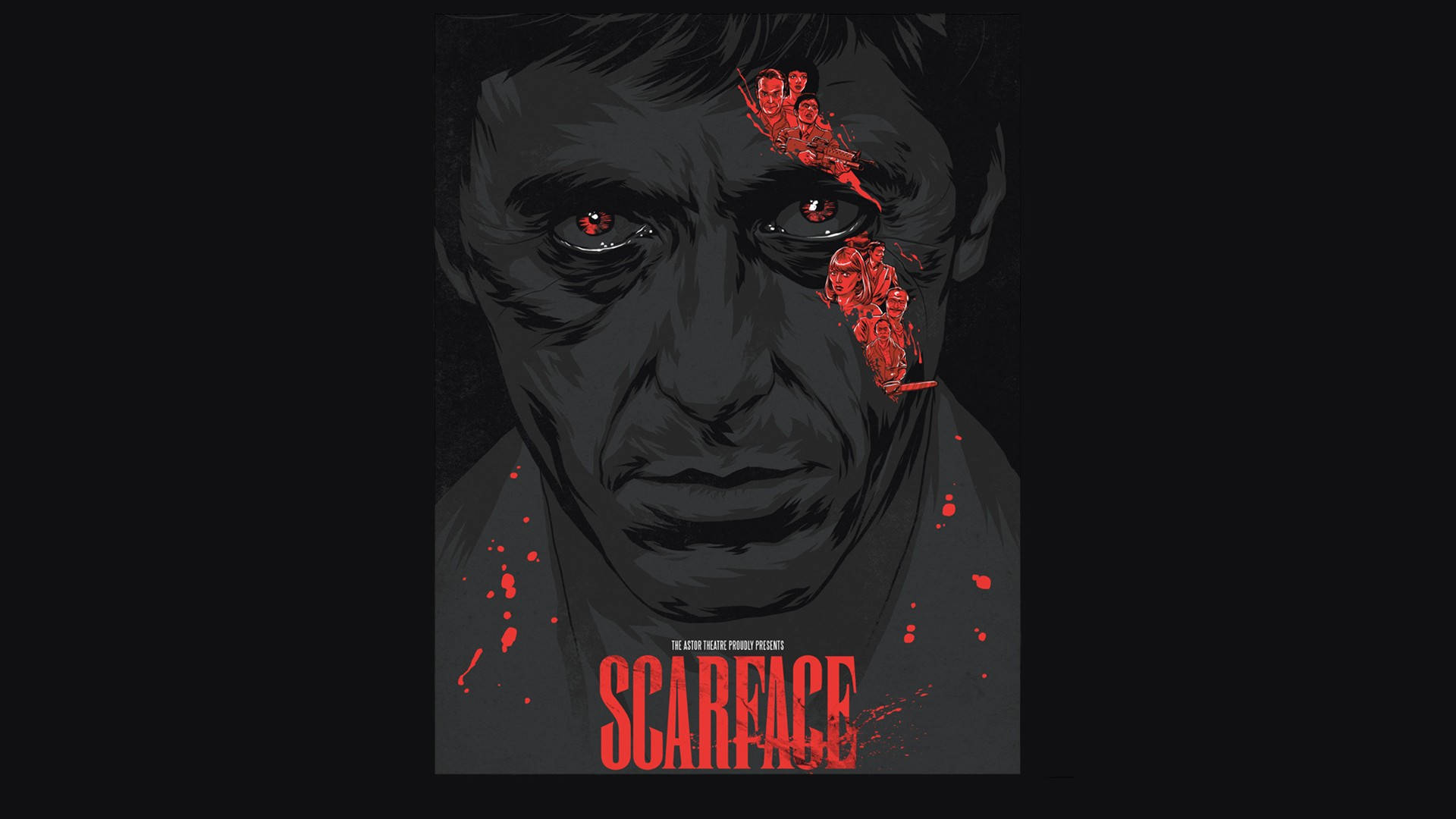 Al Pacino Scarface 桌布 壁紙 — 一張深色插圖海報，上面有一個紅眼睛、濺血的男人，標題為Scarface。