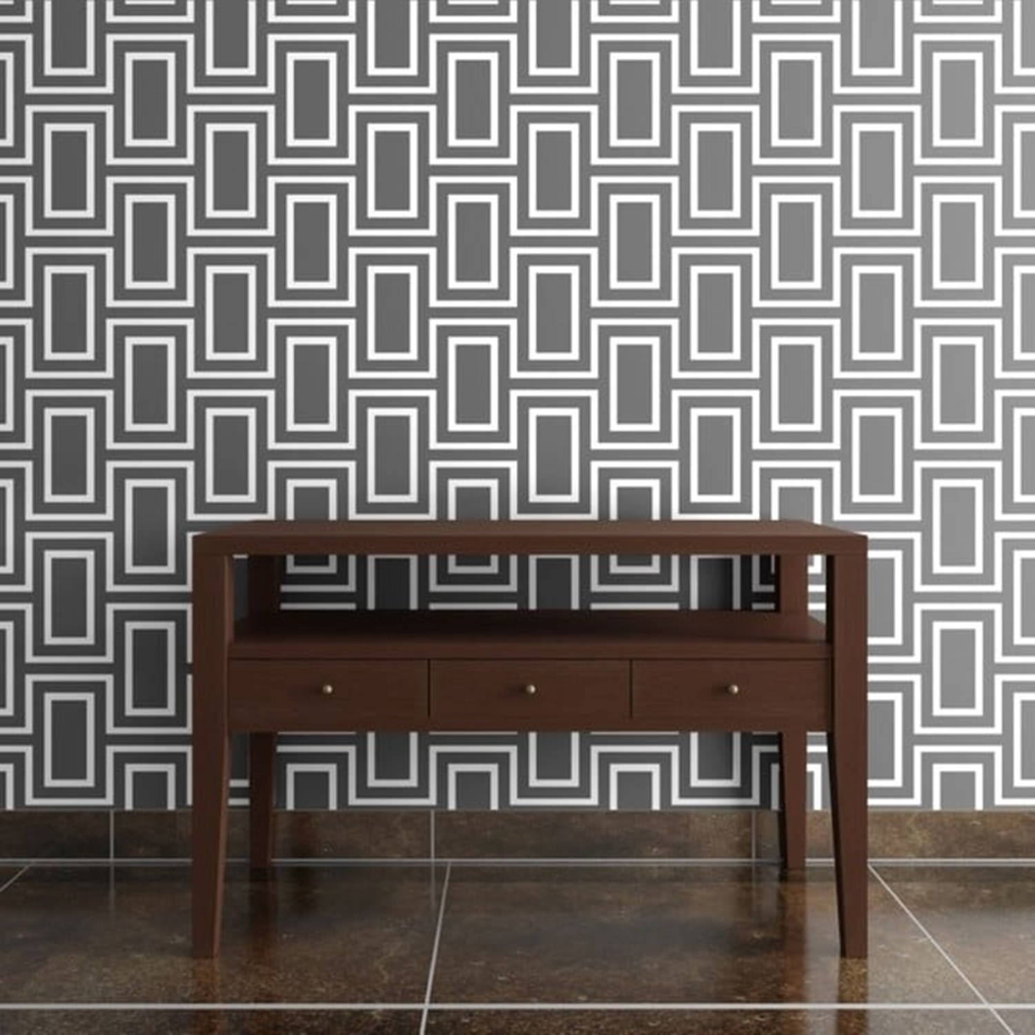 Interior Design 桌布 壁紙 — 一張深色木質玄關桌擺放在現代室內設計中，背景是幾何圖案的灰色和白色壁紙。