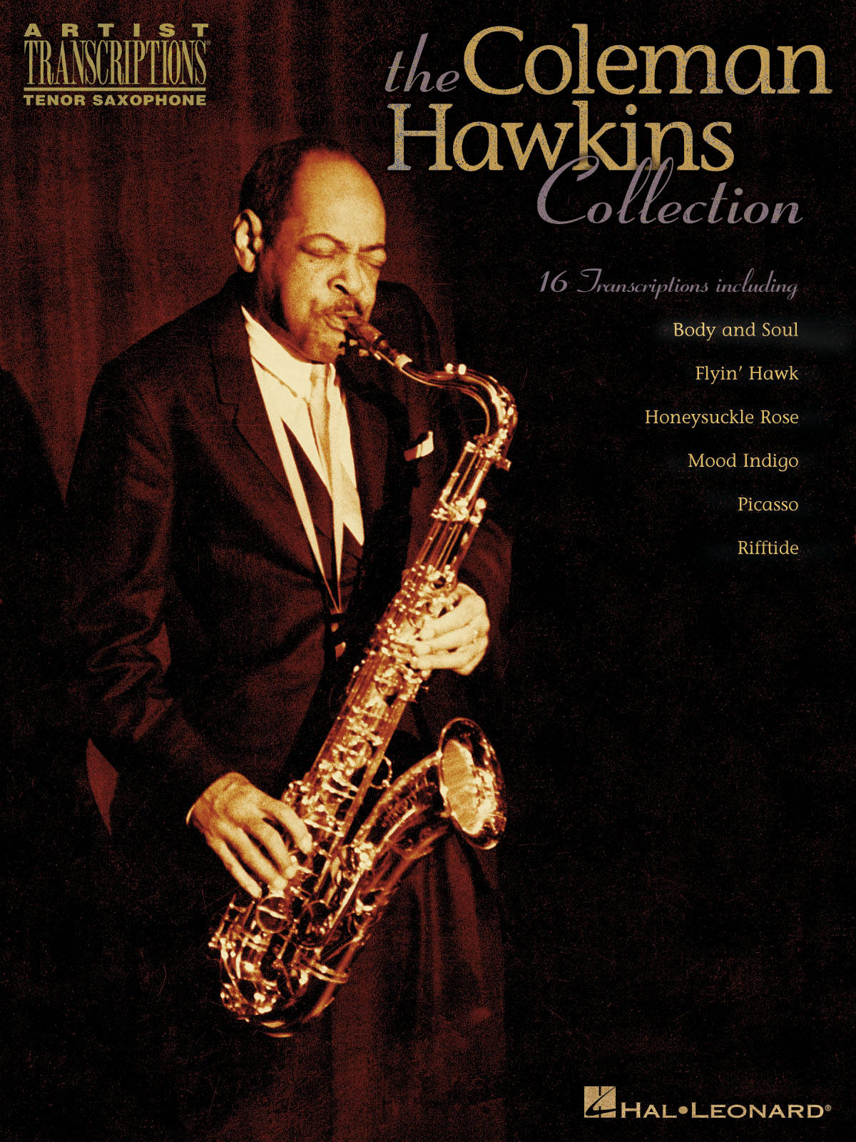 band 桌布 壁紙 — 一張深色窗簾背景下，爵士傳奇人物Coleman Hawkins熱情演奏中音薩克斯風的懷舊棕色調肖像。