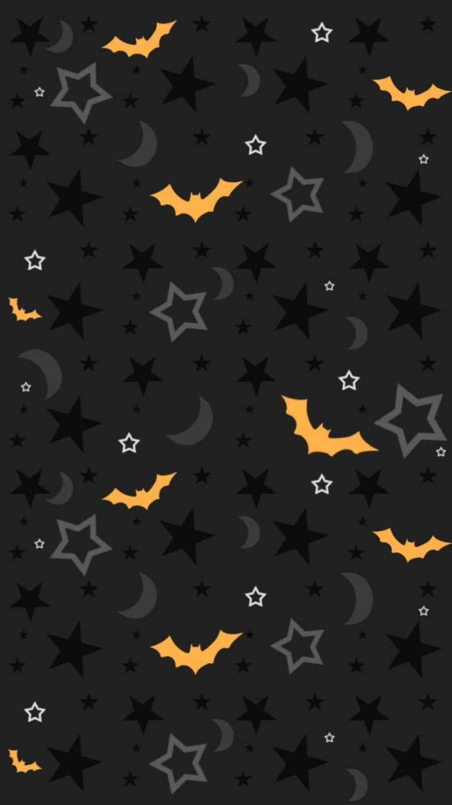 iPhone Halloween 桌布 壁紙 — 一張深色萬聖節桌布，黑色背景上散佈著橙色蝙蝠、灰色星星和白色新月。