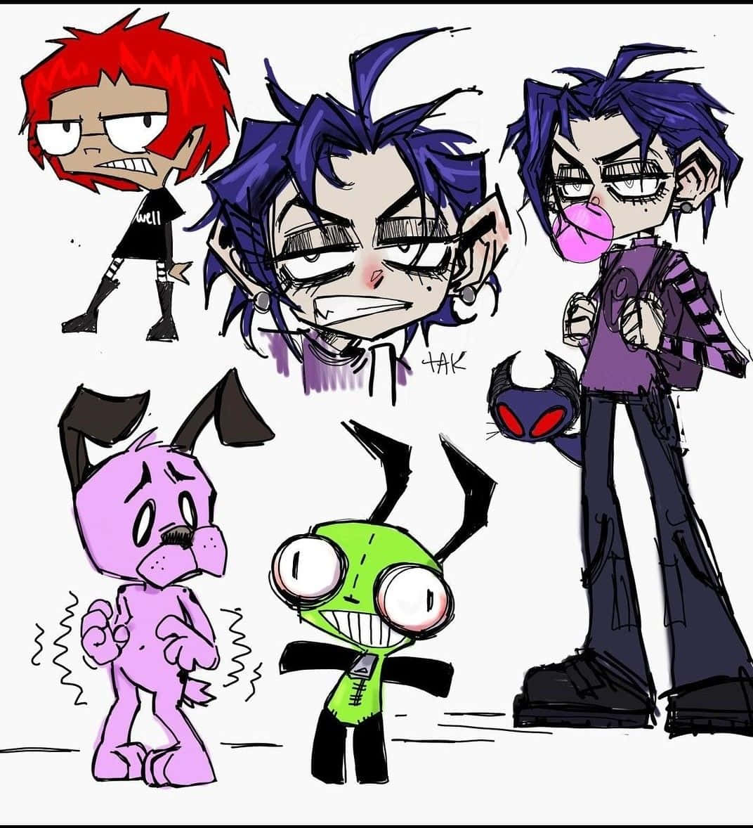Grunge Cartoon 桌布 壁紙 — 一張混亂的動漫風格草圖，描繪了五個帶有尖刺頭髮和誇張表情的時尚卡通角色。